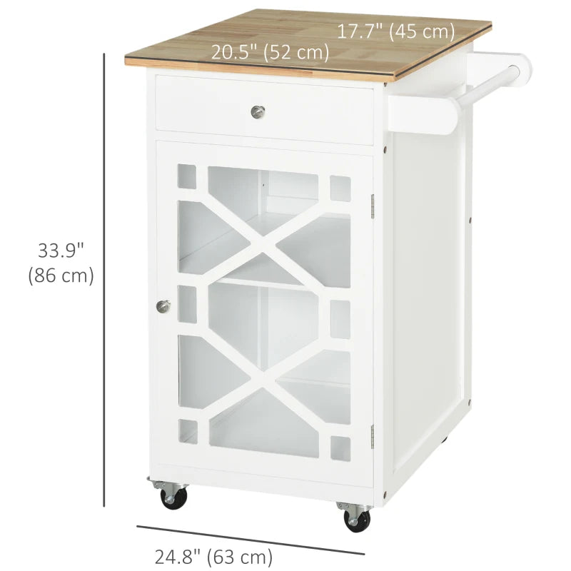 Kitchen Cart on Wheels, Rolling Kitchen Island with Drawer, Glass Door, Towel Rack and Adjustable Shelf, White