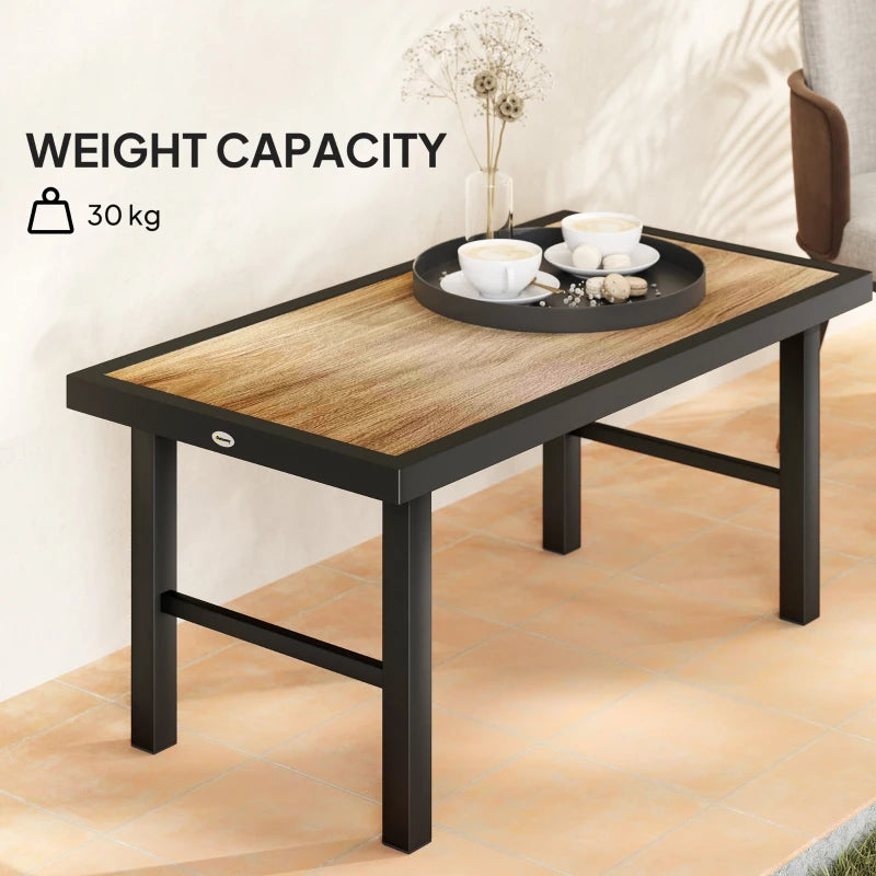 Outdoor Side Table with SPC Woodgrain Tabletop, Metal Patio Coffee Table for Outside Garden, Brown