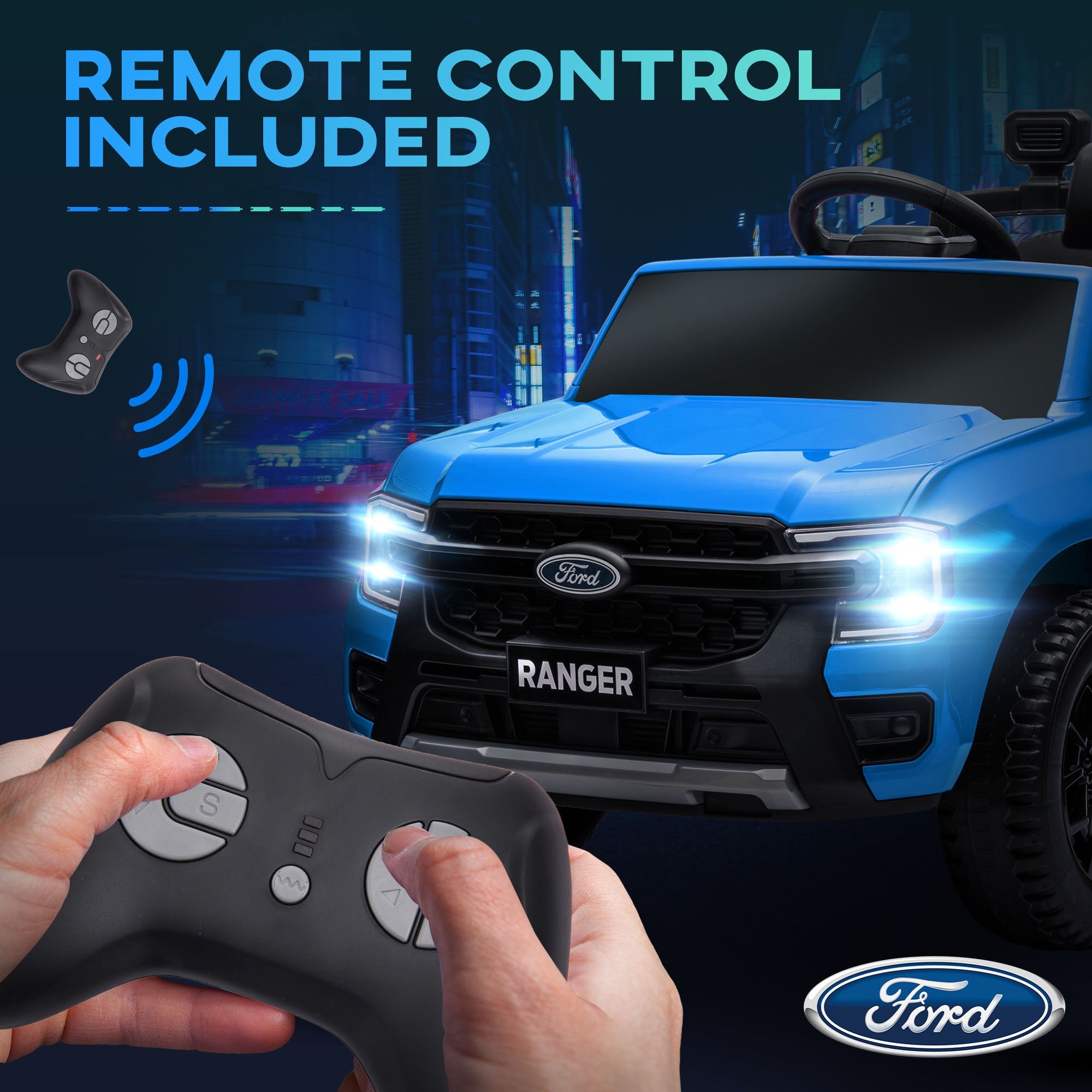 Qaba Ford Ranger Licensed 12V Ride on Car Battery Powered Kids Truck w/ Rear Storage Remote, Spring Suspension, Blue 