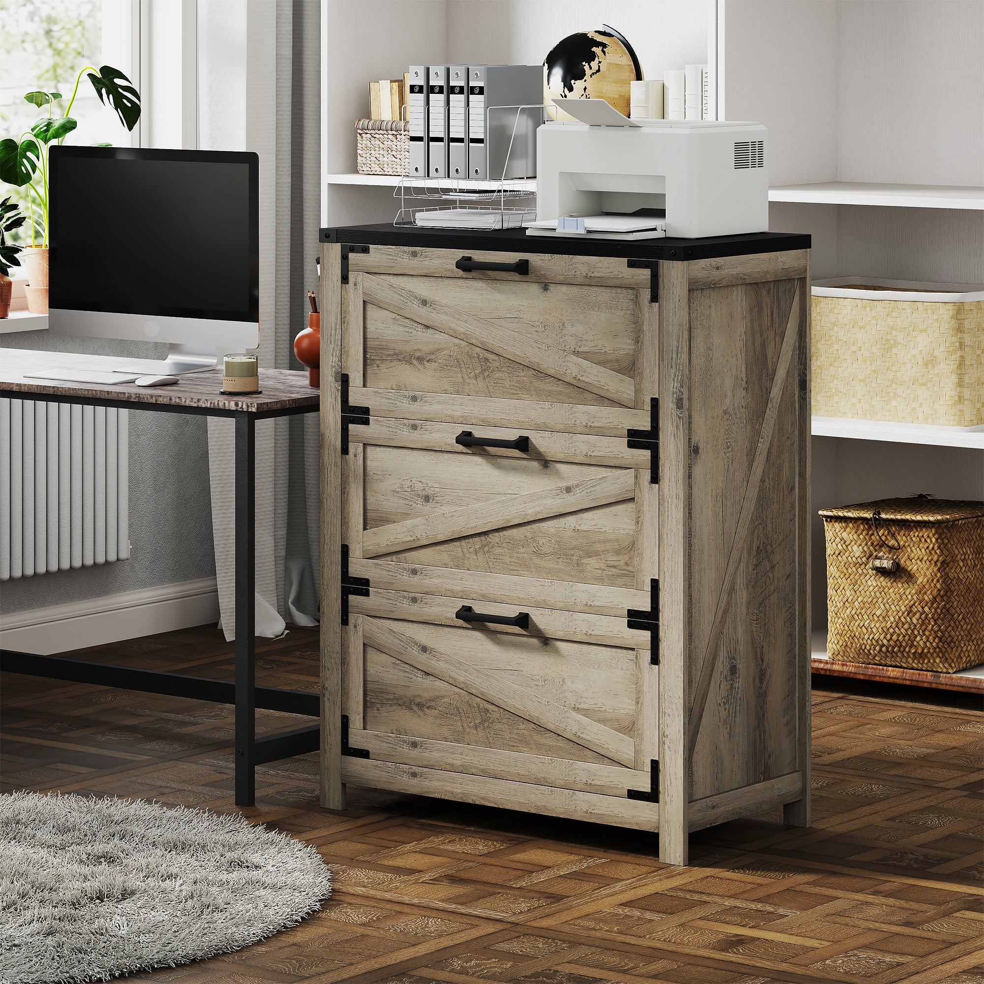 HOMCOM 3 Drawer Filing Cabinet, Farmhouse Office Storage Cabinet with Adjustable Hanging Bars for Letter, A4, Legal Size, Grey 