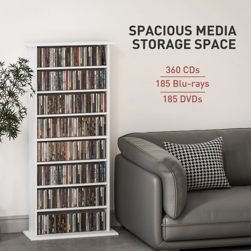8-Tier DVD Shelf with 6 Adjustable Shelves, Slim CD Shelf, Holds 360 CDs, 185 DVDs or 185 Blu-rays, White