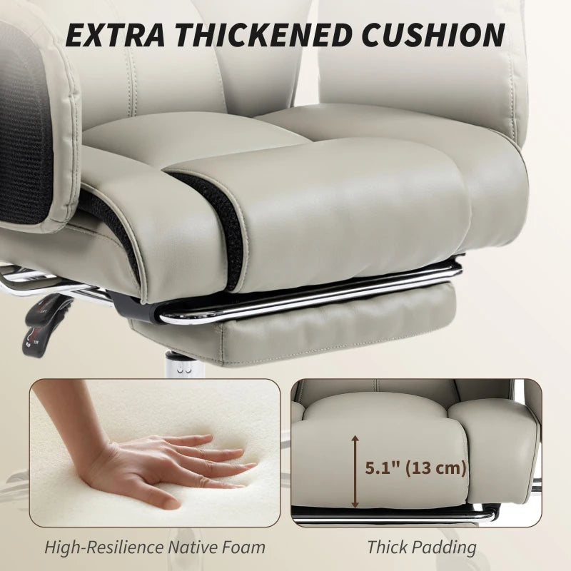 Reclining Office Chair, Overstuffed Executive Desk Chair with High Back, PU Leather, Footrest, Swivel Wheels, Grey