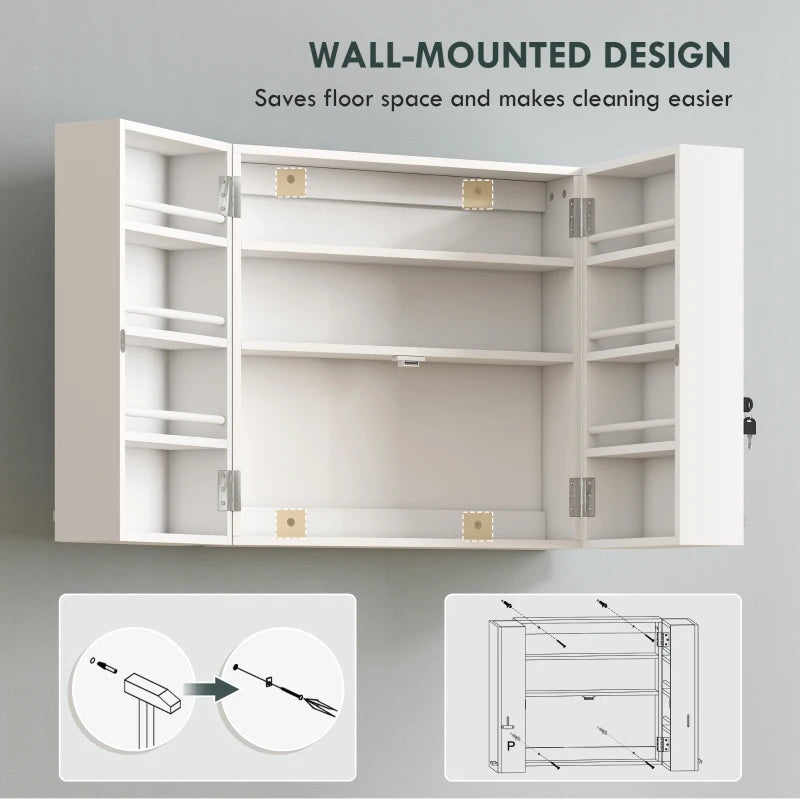 Wall Mount Medicine Cabinet, Bathroom Cabinet with 4 Tier Shelves, Lockable with 2 Keys for Kitchen, White