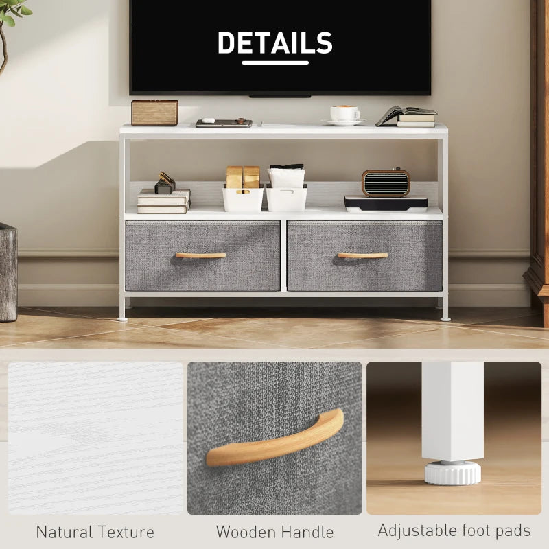 TV Stand with Charging Station, TV Table with 2 Foldable Linen Drawers and Open Shelf for 47 Inch Television, White