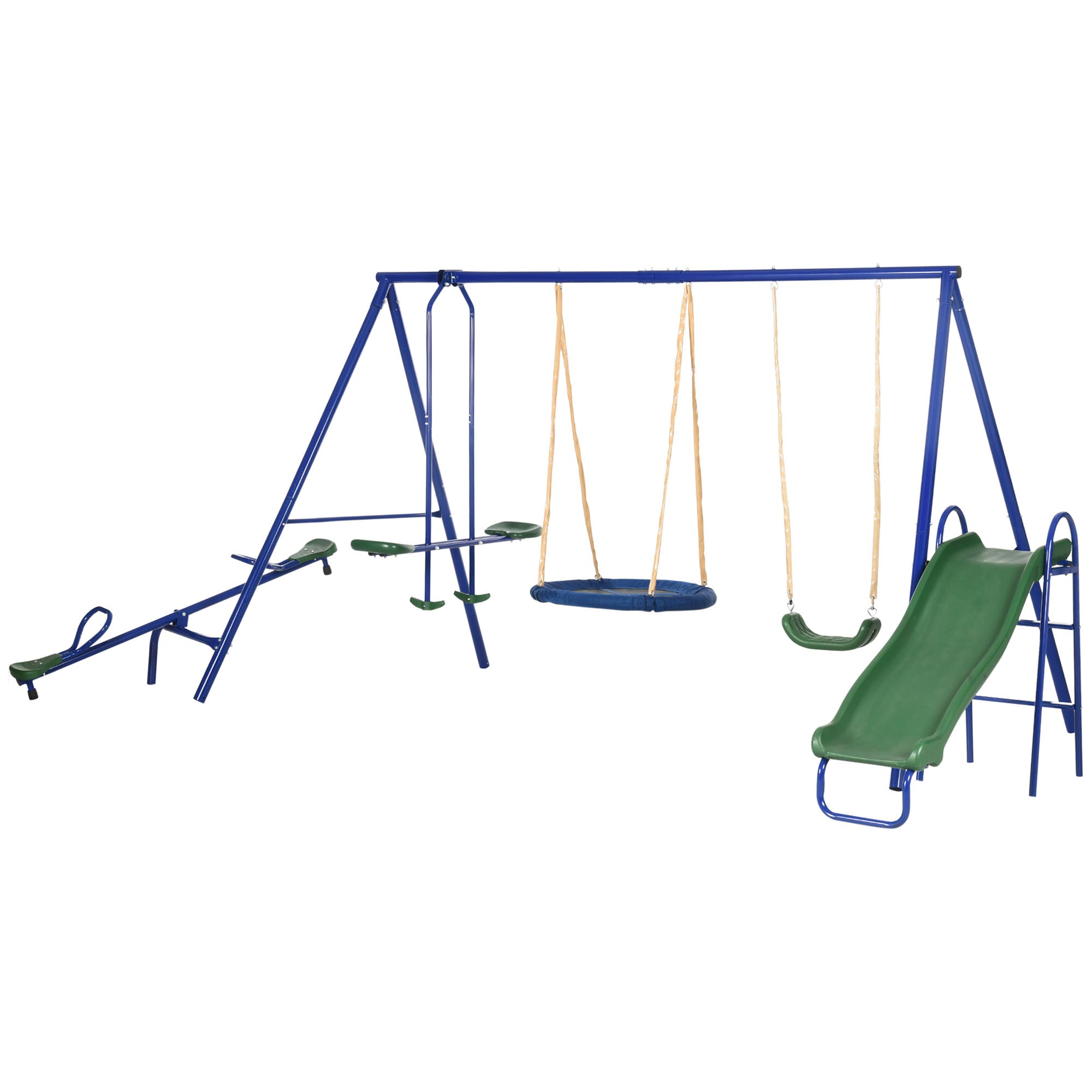Outsunny 5 in1 Kids Swing Set with Saucer Swing, Slide, Seesaw, Glider, Swing Seat for Backyard, Playground 