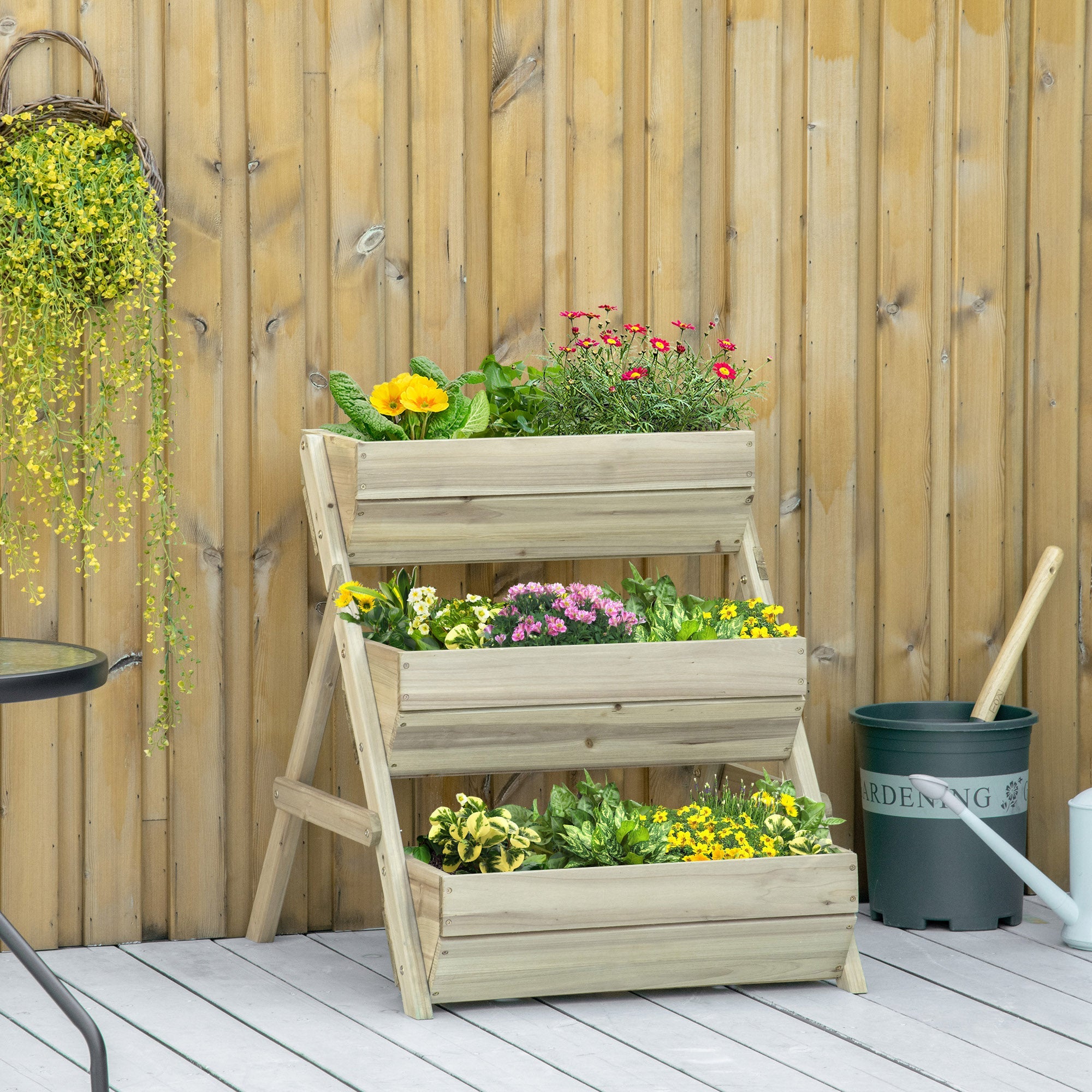 Outsunny 3 Tier Elevated Planter Box Vertical Wooden Raised Garden Bed Flowers Veggies Herbs Patio Backyard 26" x 30" x 30" Green 