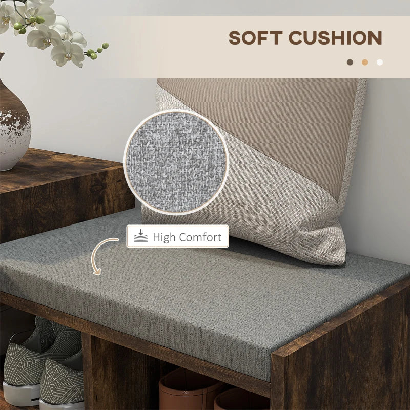 Upholstered Shoe Storage Bench, Hallway Shoe Storage with Seat, Drawer, 3 Open Shelves for Entryway, Rustic Brown