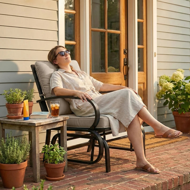 Patio Glider, Outdoor Glider Chair with Cushions, Steel Frame, Curved Armrests, Beige