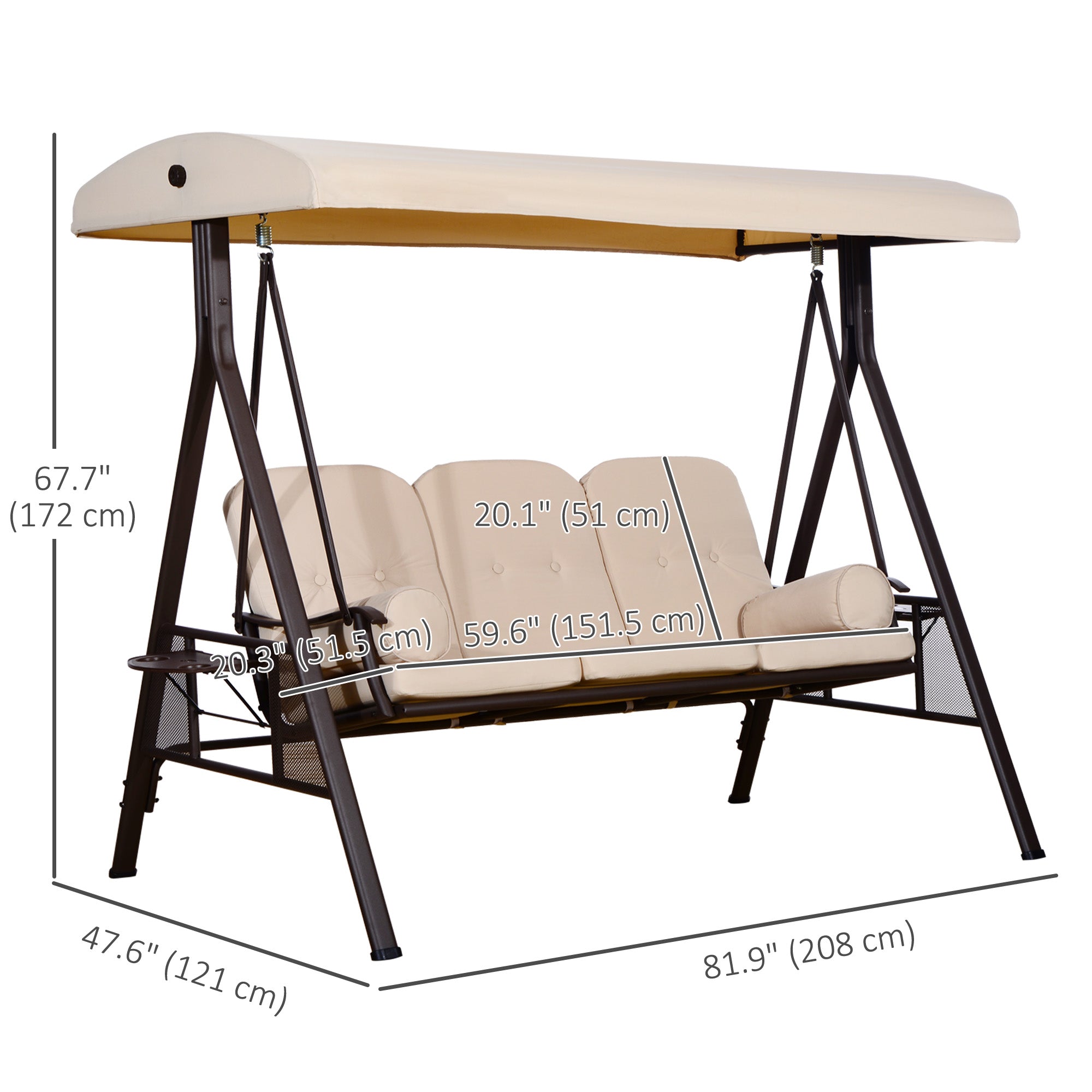 Outsunny 3 Seater Porch Swing Heavy Duty Outdoor Swing Chair Outdoor Lounge Hammock Cushioned Seat with Tilt Canopy, Beige 