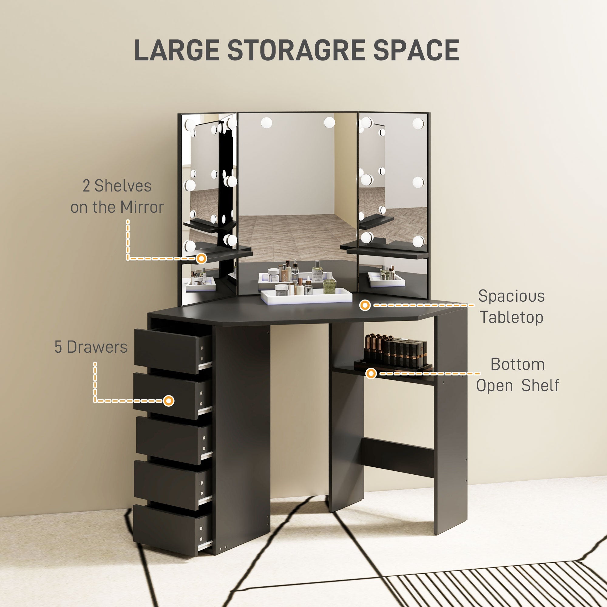 HOMCOM Makeup Vanity Desk with 3-Panel Mirror and 10 LED Lights, Dressing Table with 5 Drawers and Shelves for Bedroom, Black 