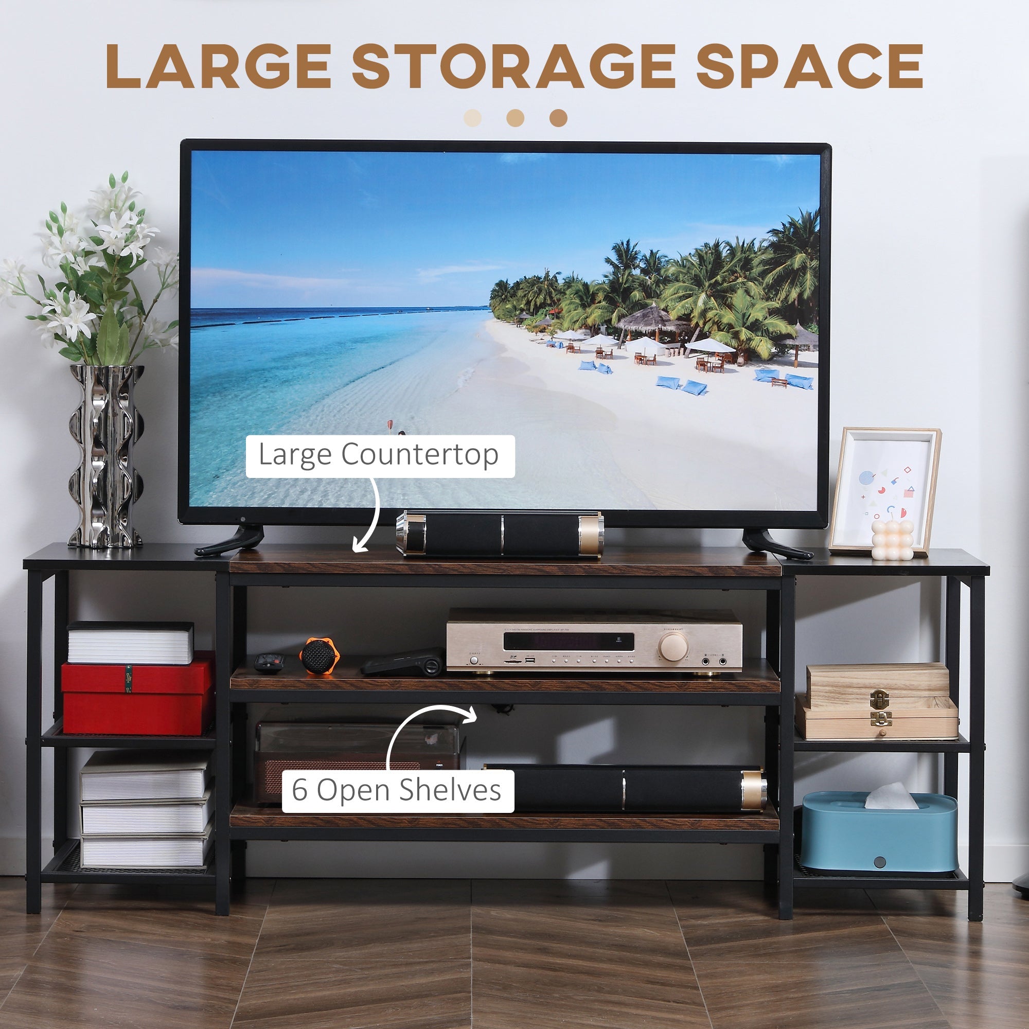 HOMCOM Industrial Chic: Open Shelf TV Stand for 65" TVs, Steel Frame Media Console with Rustic Brown Finish 