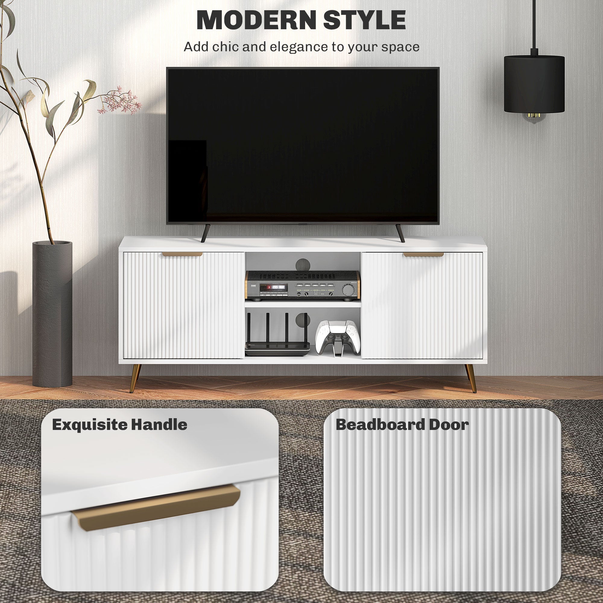 HOMCOM TV Stand with Storage for 55 Inch TV, Modern TV Cabinet with 2 Open Shelves and 2 Cabinets for Living Room, White 