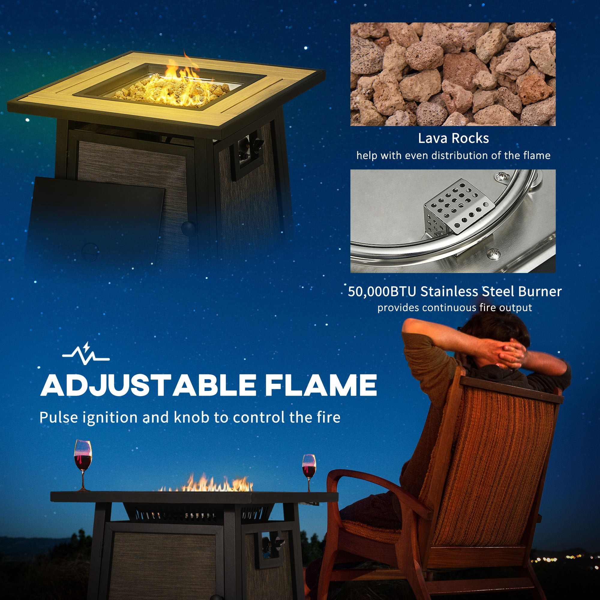 Outsunny 50,000 BTU Propane Fire Table, 28" Gas Firepit Table with Pulse Ignition, Lava Rocks, Rain Cover, Brown 