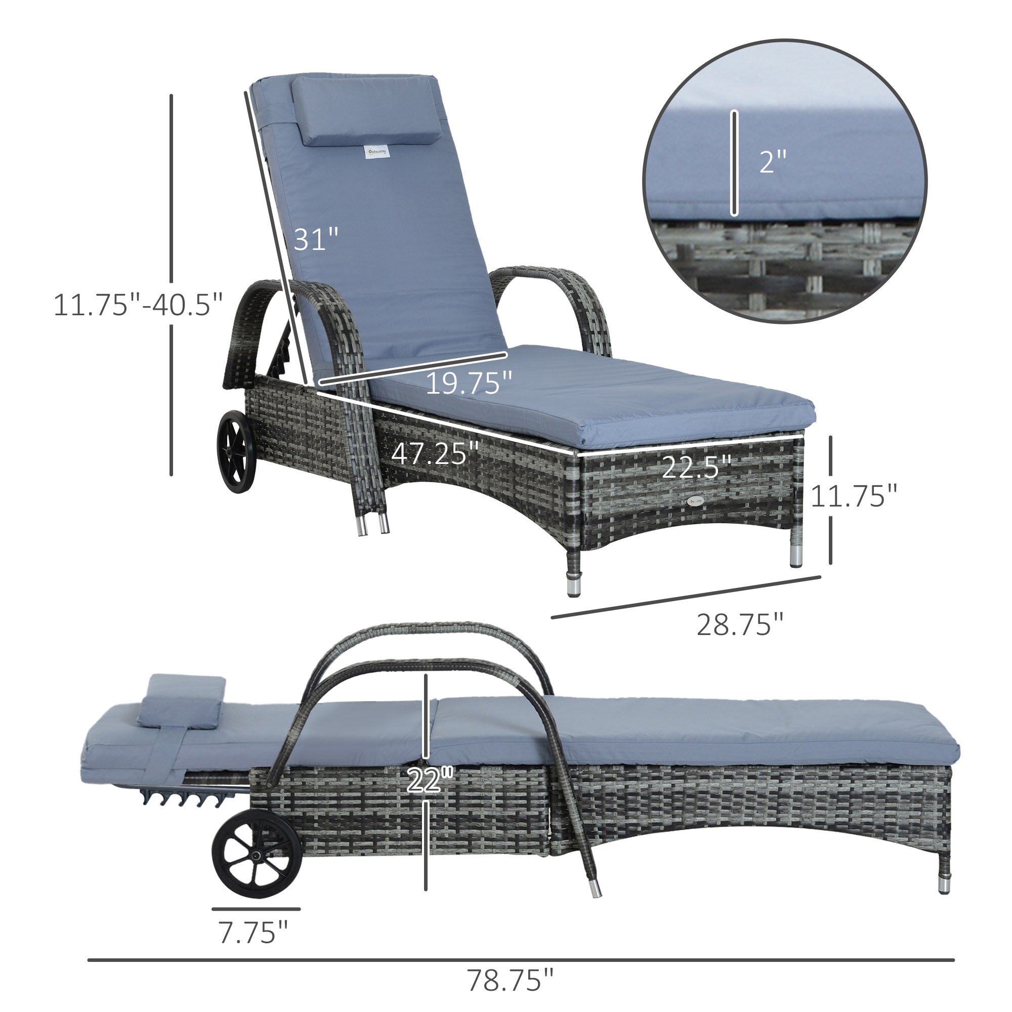 Outsunny Outdoor Rattan Wicker Chaise Lounge Chair Height Adjustable Backrest Grey 