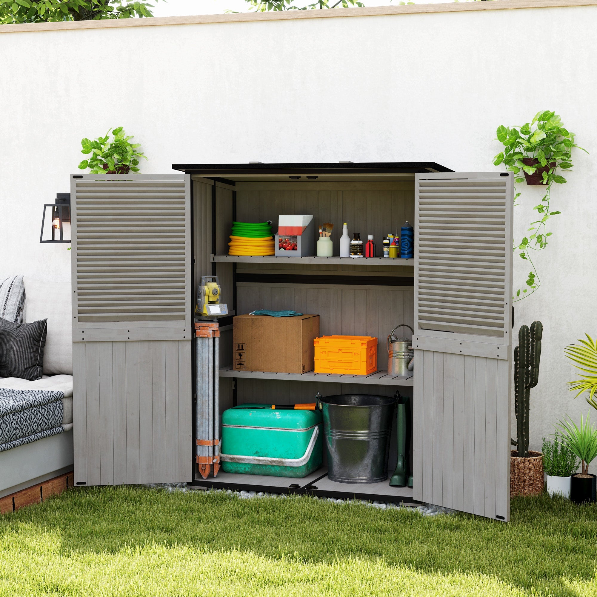 Outsunny Outdoor Storage Cabinet, Wood Garden Shed with Steel Frame, Asphalt Roof, 2 Shelves and Lockable Doors, Grey 
