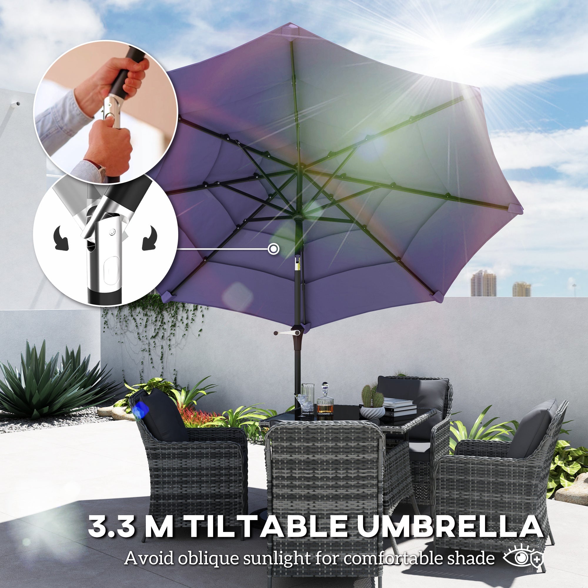 Outsunny 10.7FT Patio Umbrella with 8 Ribs, Crank, Push Button Tilt, Air Vents, for Backyard, Deck and Lawn, Purple 