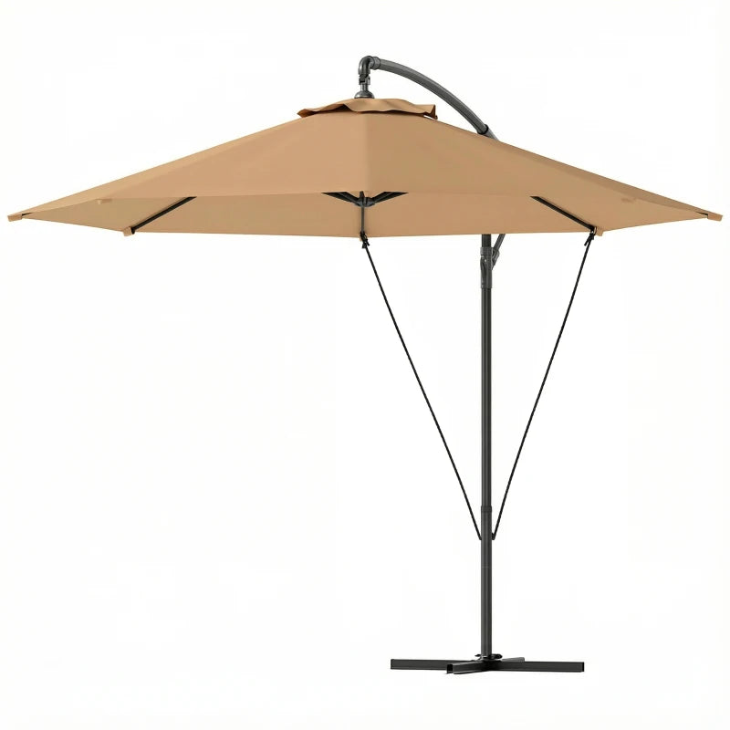 9.5' Cantilever Umbrella with Wind Protection Strap and Cover, Hanging Umbrella with Crank and Cross Base, Khaki