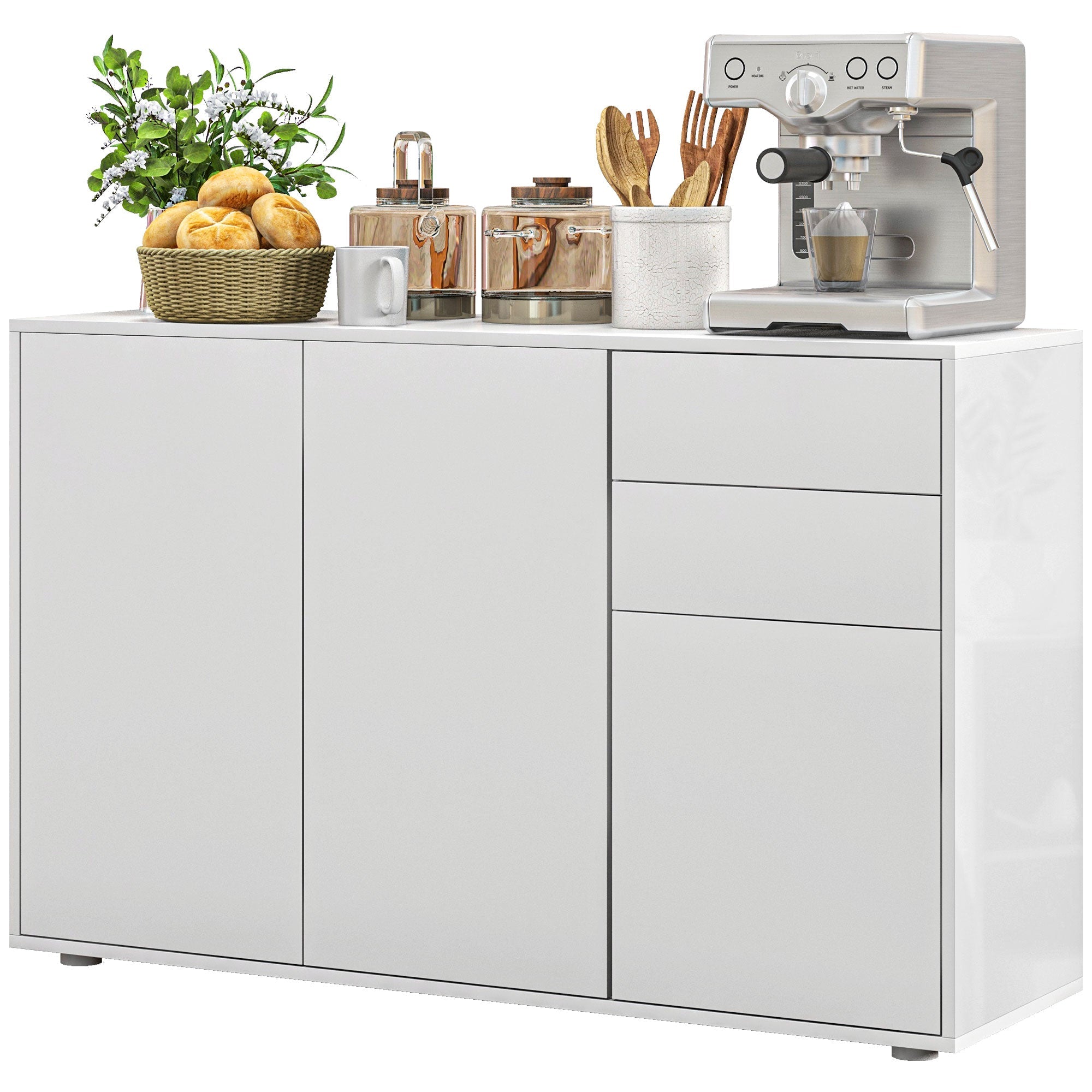 HOMCOM Kitchen Buffet Cabinet Modern Coffee Bar Push-Open Design 2 Drawers Living Room White 