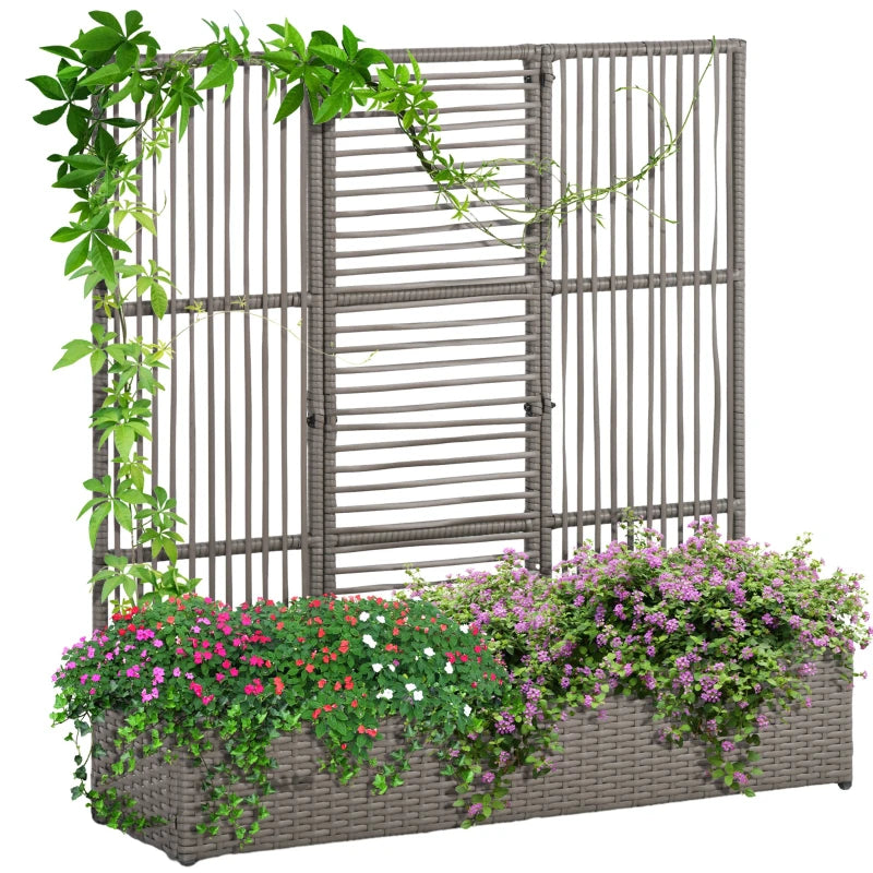 Raised Garden Bed with Lattice Trellis, Rattan Outdoor Planter with Storage for Garden, Patio, Balcony, Grey