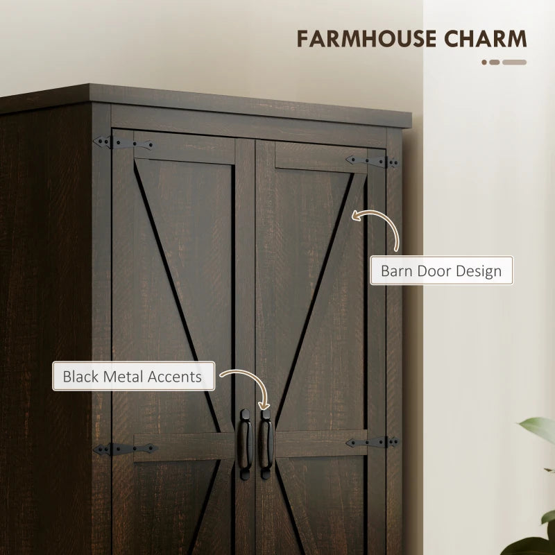 64" Farmhouse Kitchen Pantry Storage Cabinet, two 4-tier door shelves for spice bottles with 2 Drawers, Adjustable Shelf, Distressed Dark Brown