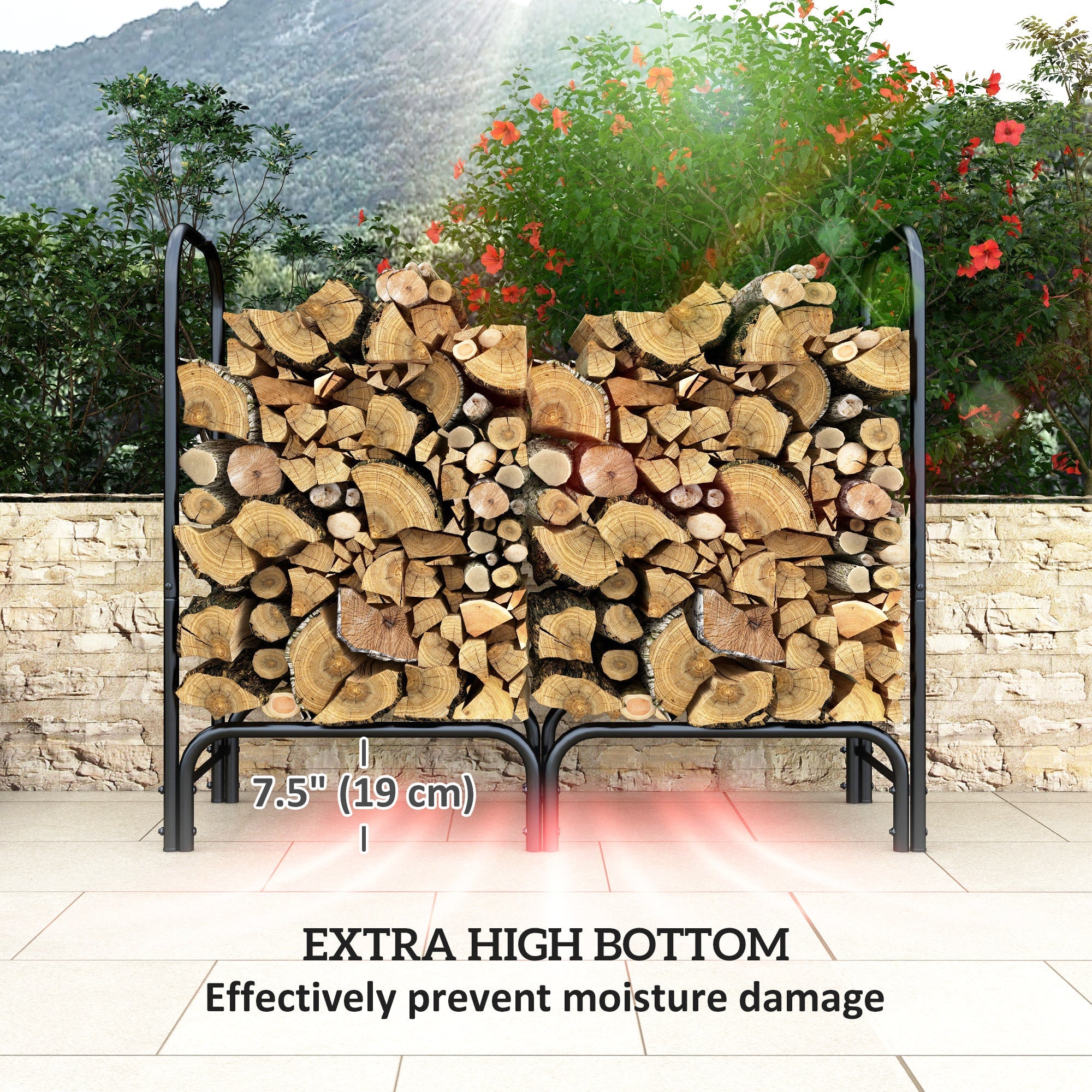 Outsunny 4ft Outdoor Firewood Rack with Cover, Adjustable Wood Storage Holder, Indoor Outdoor Log Rack, Black 