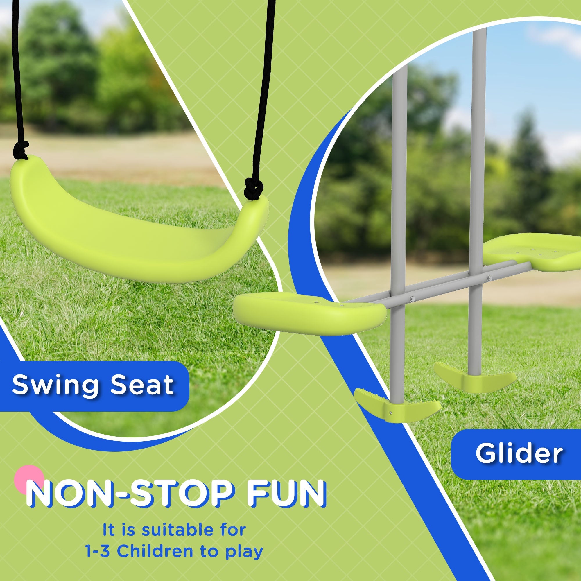 Outsunny Swing Set for Kids, Heavy Duty A-Frame Metal Swing Frame with Glider, Swing Seat, Ground Stakes for Backyard, Green 