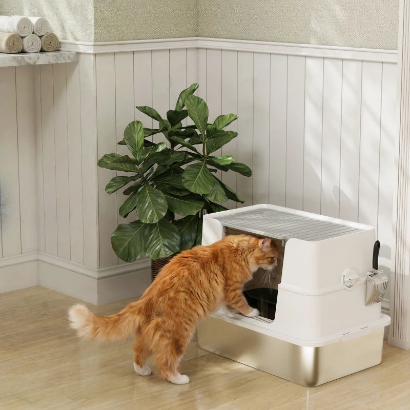 XL Stainless Steel Litter Box with Lid, Extra Large Covered Cat Litter Box for Indoor Kittens with Filp Top, Scoop