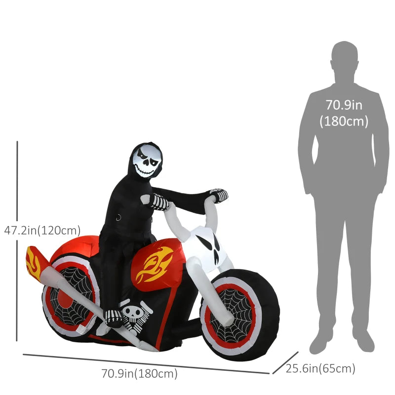 HOMCOM 6ft Inflatable Grim Reaper on Flaming Motorcycle – LED Lighted Halloween Outdoor Decoration 