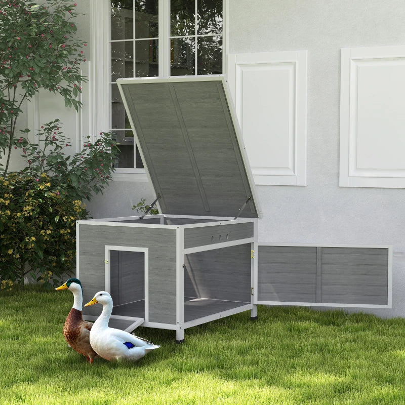 Duck Coop, Wooden Chicken House Rabbit Hutch with Openable Roof, Removable Floor, Double Doors, Ramp, Grey