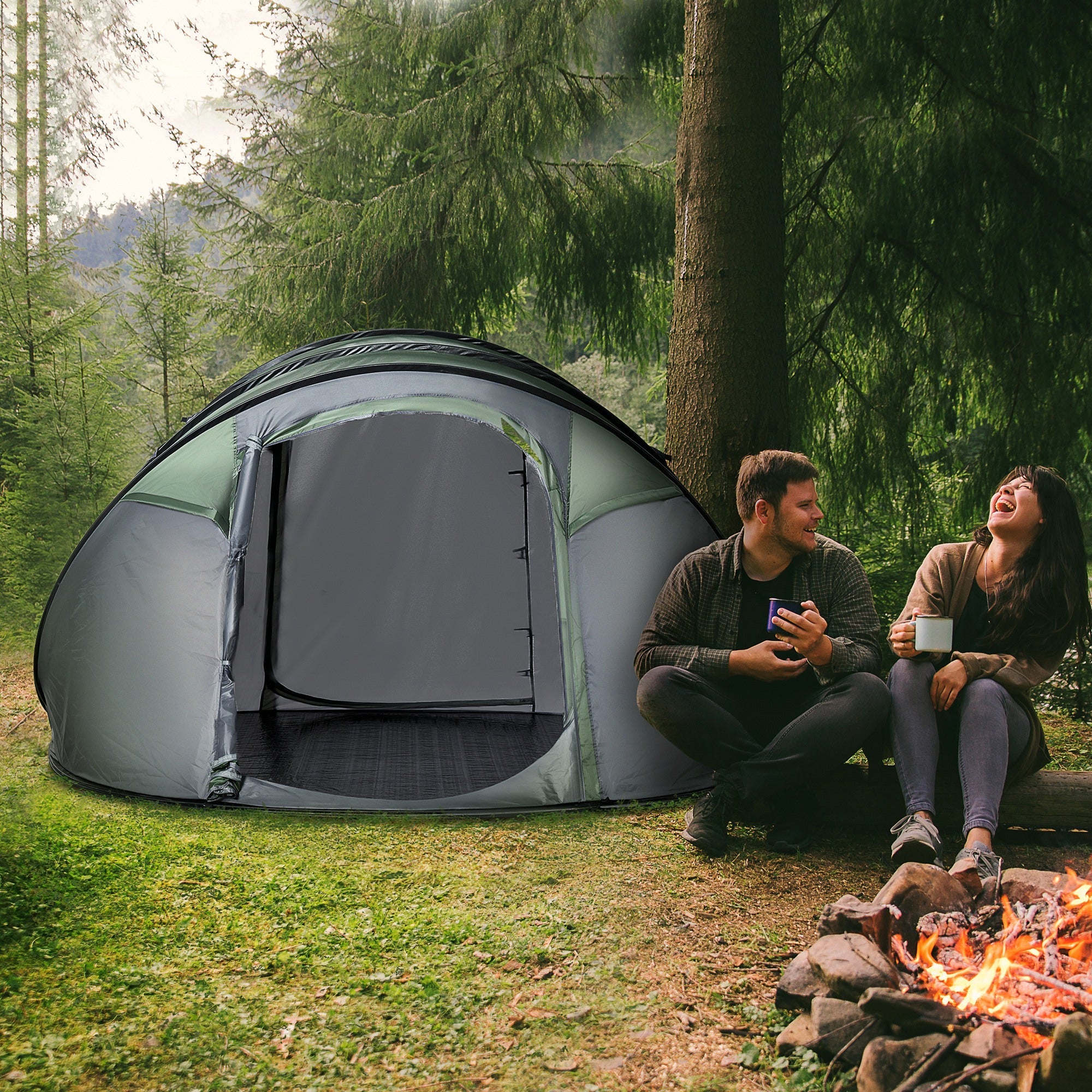 Outsunny 5 Person Camping Tent, Easy Pop Up Tent with Doors, Windows and Carry Bag, Automatic Setup Tent for Hiking, Dark Green 