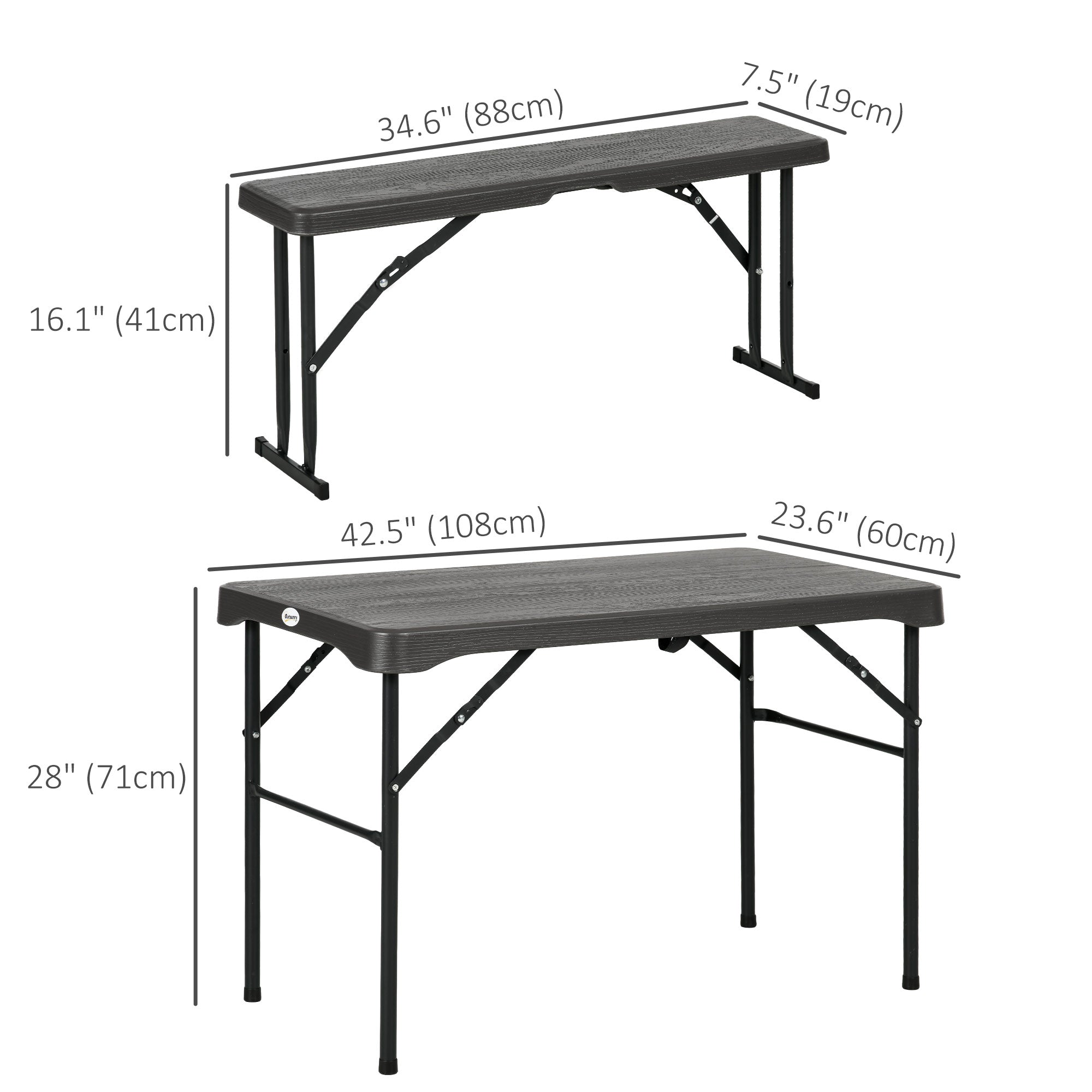 Outsunny 72" Folding Picnic Table Set 2 Benches 3pc Outdoor HDPE German Style Foldable Beer Table Dark Grey 