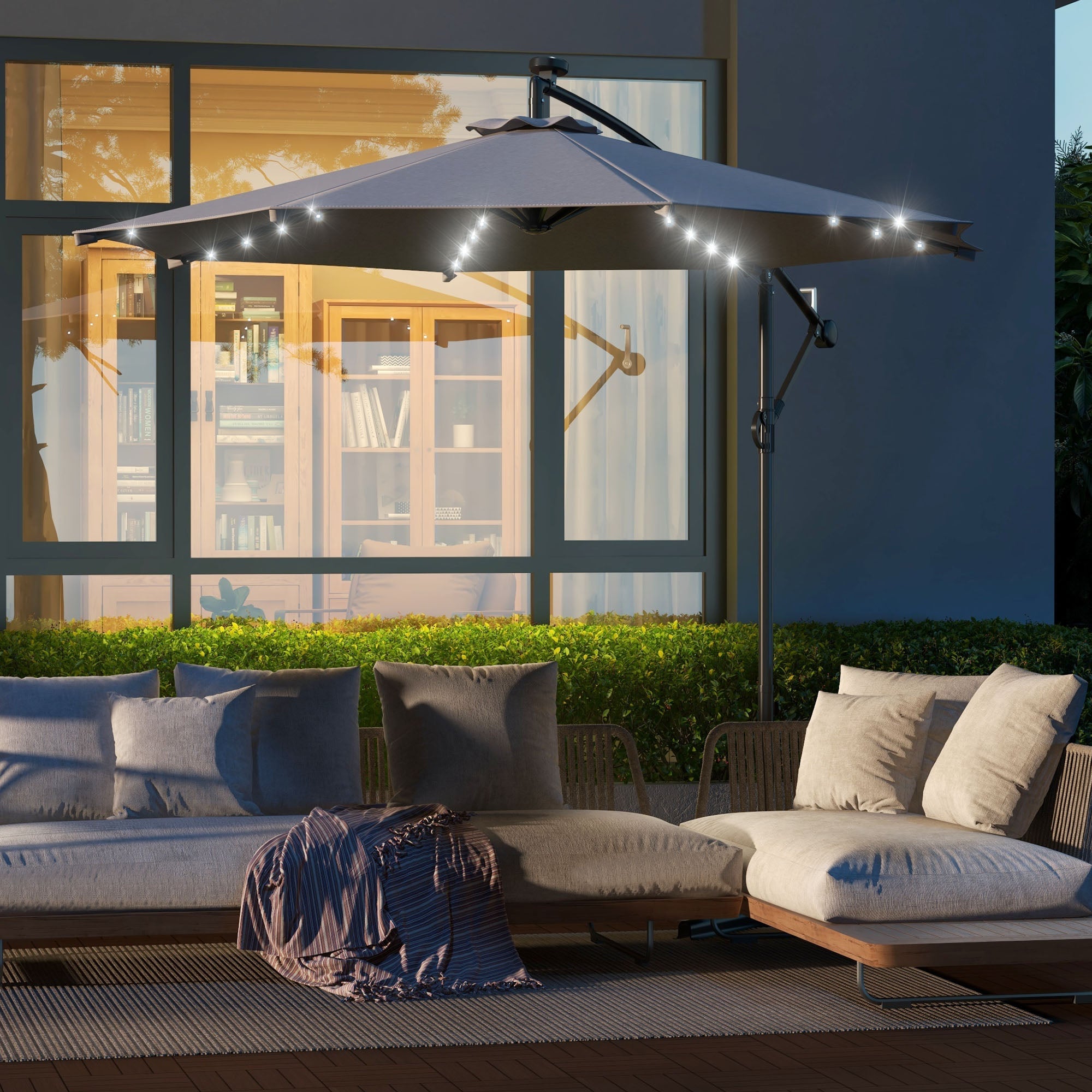 Outsunny Cantilever Umbrella: 10ft Outdoor Banana with Solar Lights Adjustable Angle Light Grey 