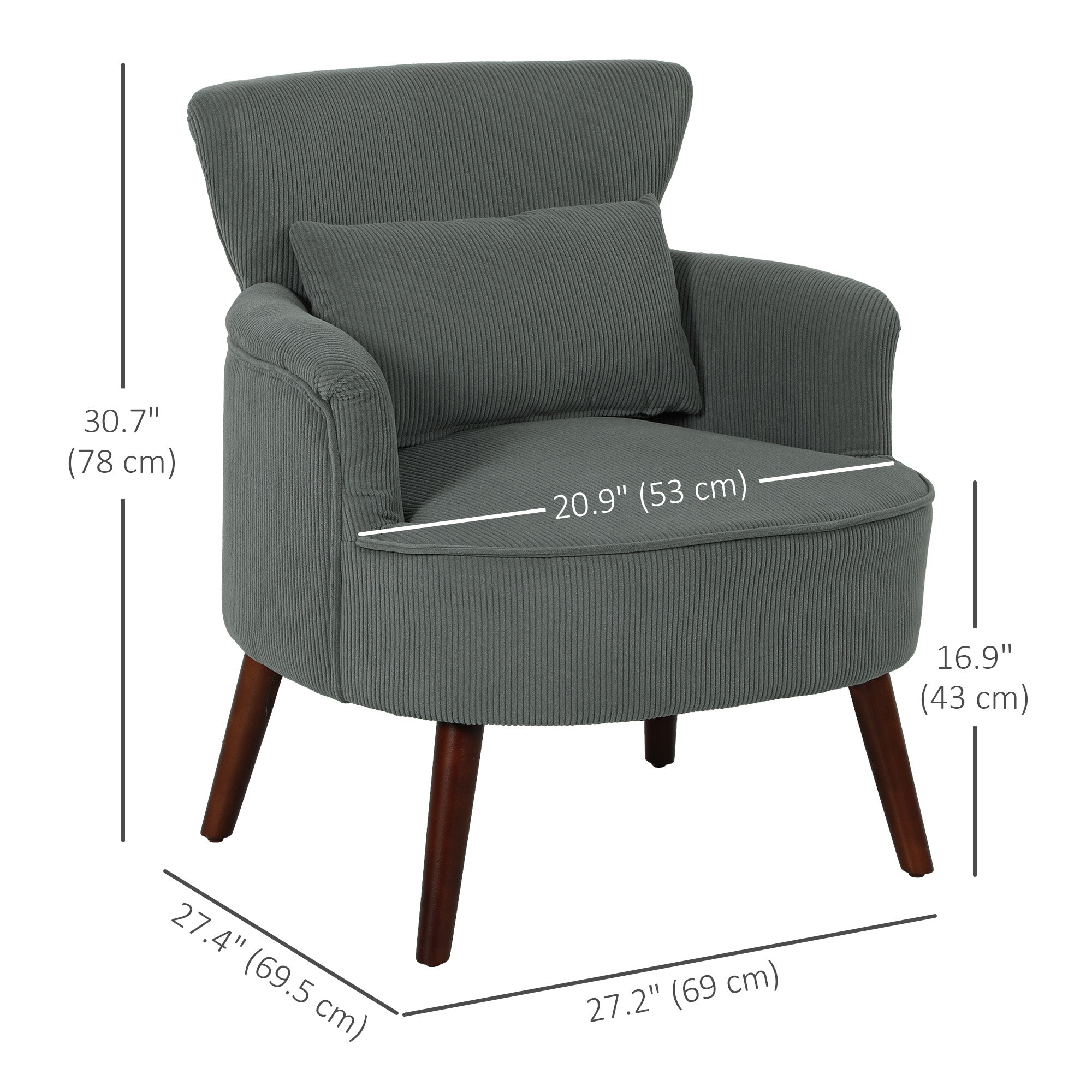HOMCOM Modern Accent Chair, Upholstered Armchair with Solid Wood Legs and Lumbar Pillow for Living Room, Grey 