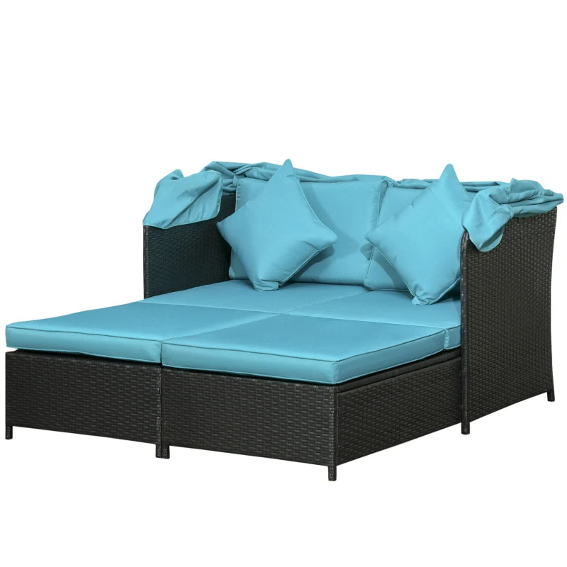 Patio Daybed, Outdoor Wicker Double Daybed, PE Rattan Sun Lounger for 2-Person with Cushions, and Foldable Awning, for Garden, Balcony, Poolside, Green