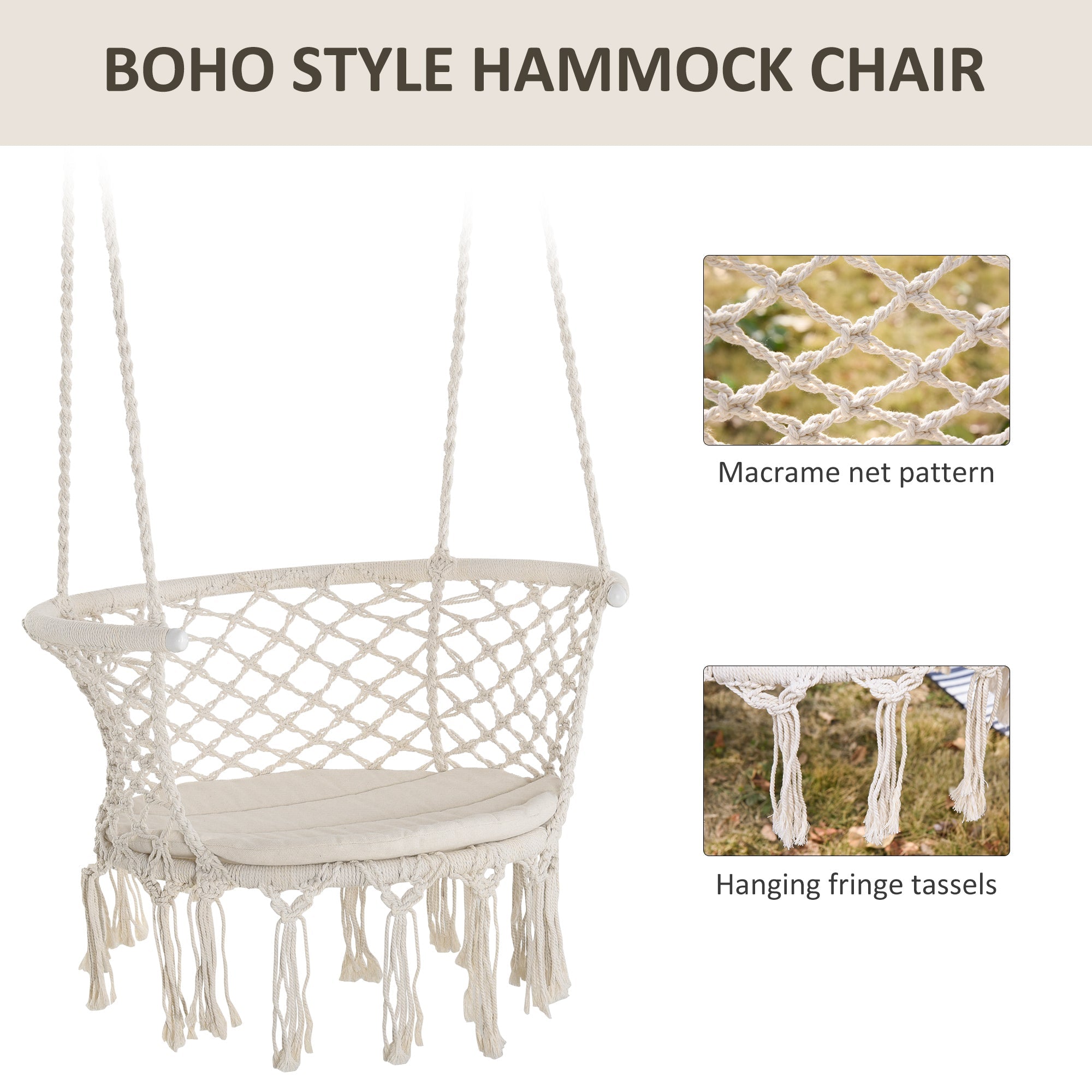 Outsunny Cotton Rope Hanging Hammock Chair Swing with Cushion Metal Frame for Patio Garden Cream White 