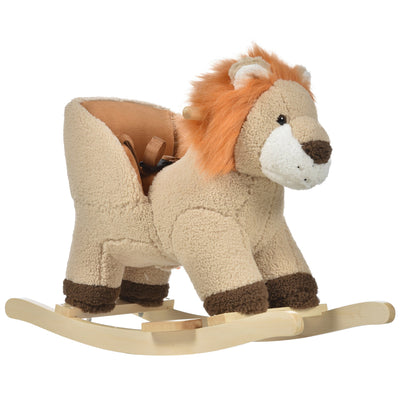 Qaba Lion Baby Rocking Horse - Plush Stuffed Rocker with Sound and Safety Belt, Wooden Base for Toddlers, Brown 