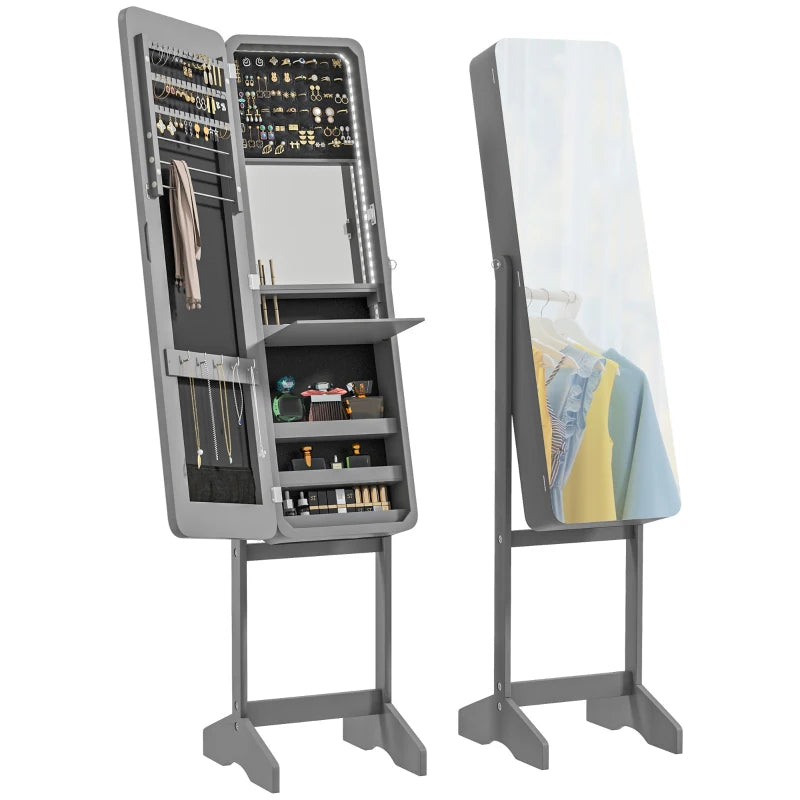 Standing Mirror Jewelry Cabinet, Jewelry Storage Cabinet with LED Lights and Angle Adjustable Full Length Mirror, Grey