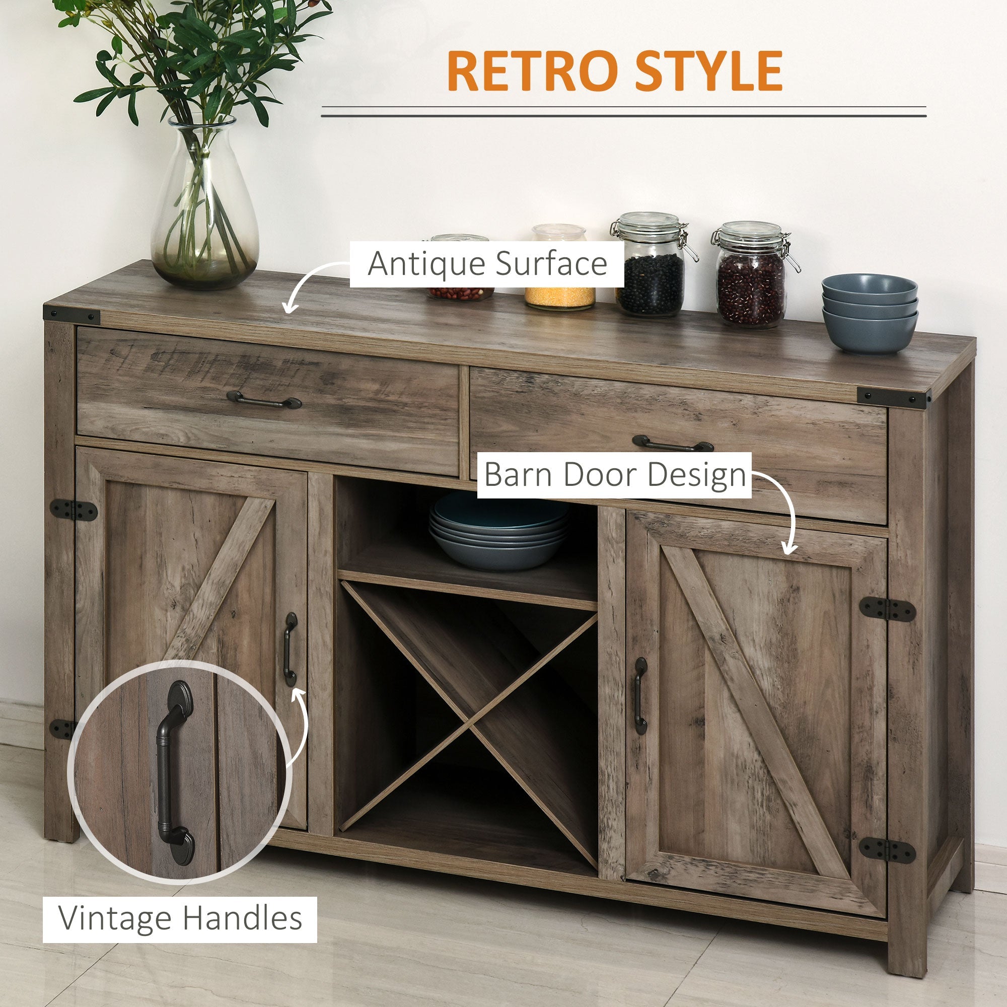 HOMCOM Farmhouse Wine Rack Storage Cabinet: Bar Cabinet, Sideboards and Buffets with Doors and Drawer for Dining Room 