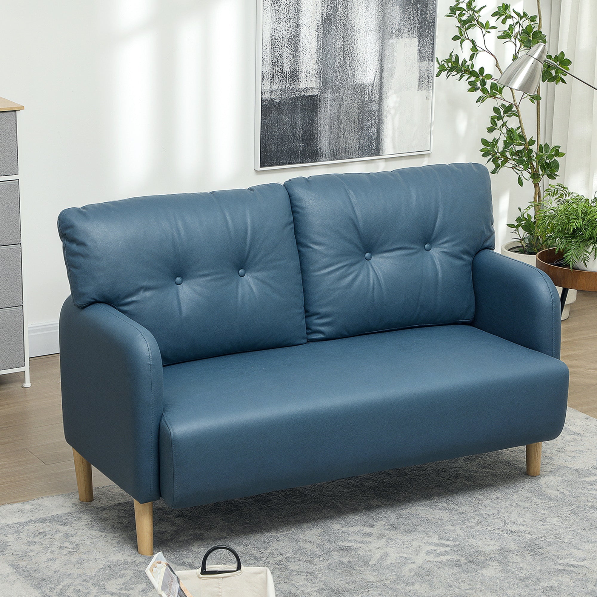 HOMCOM 58" 2 Seat Sofa, Modern Love Seats Furniture, Upholstered 2 Seater Couch, Solid Wood Frame, Navy Blue 