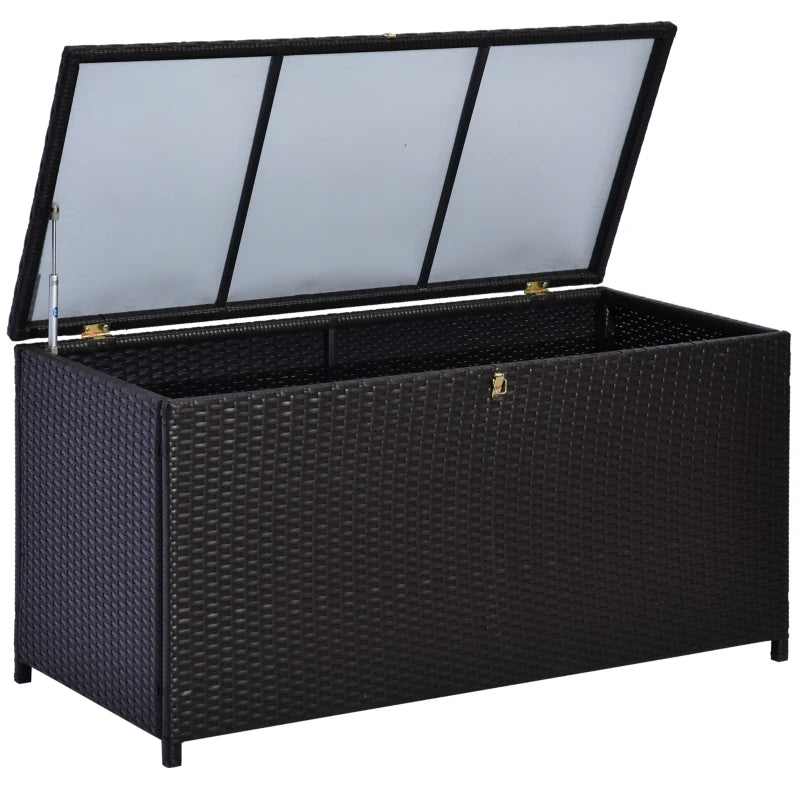 Wicker Outdoor Storage Box, 75 Gallon Deck Box with Gas Strut and Clamp Lid, Rattan Patio Storage Container for Gardening Tools, Pool Supplies, Dark Brown