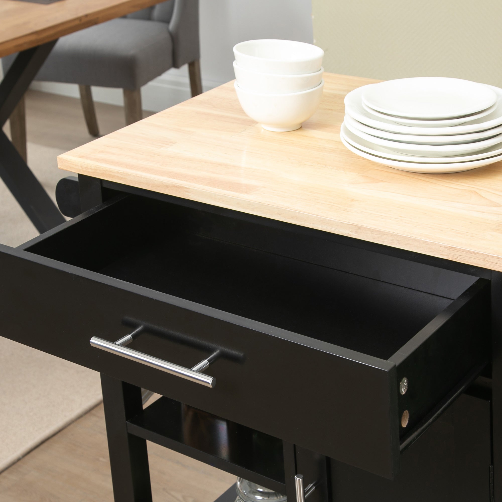 HOMCOM Black Rolling Kitchen Cart: Mobile Island with Storage Drawer & Open Shelf for Dining Room Versatility 