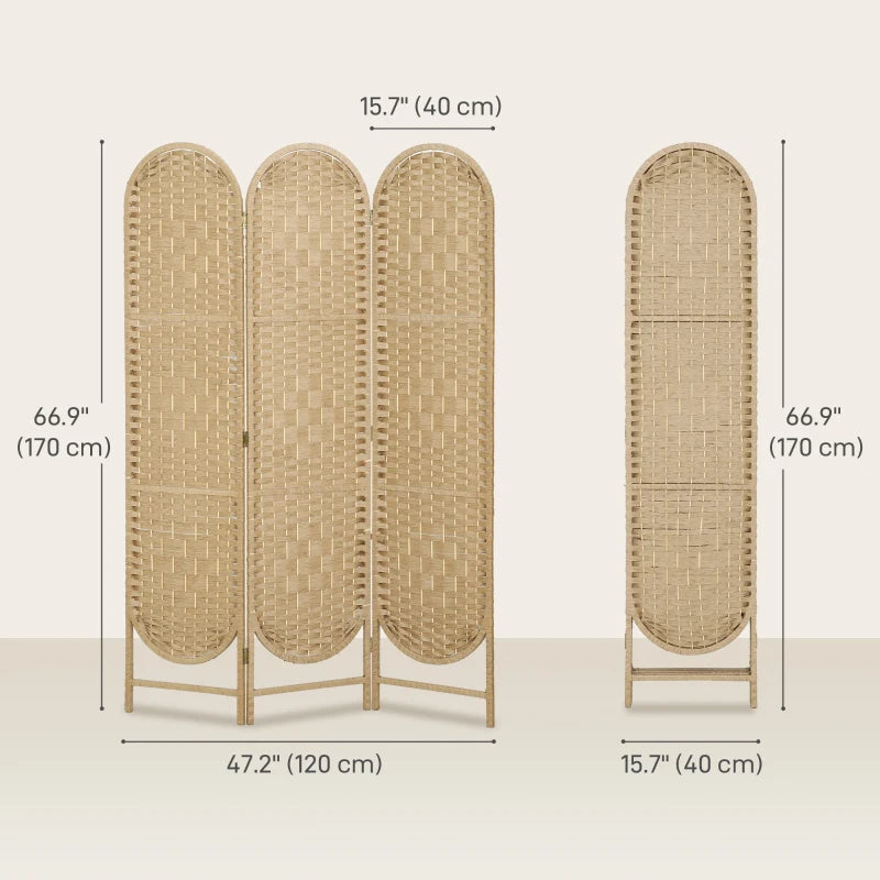 Bohemian Privacy Screen, Folding Room Divider with 3 Panels and Arched Top for Bedroom Living Room Office, Natural Wood