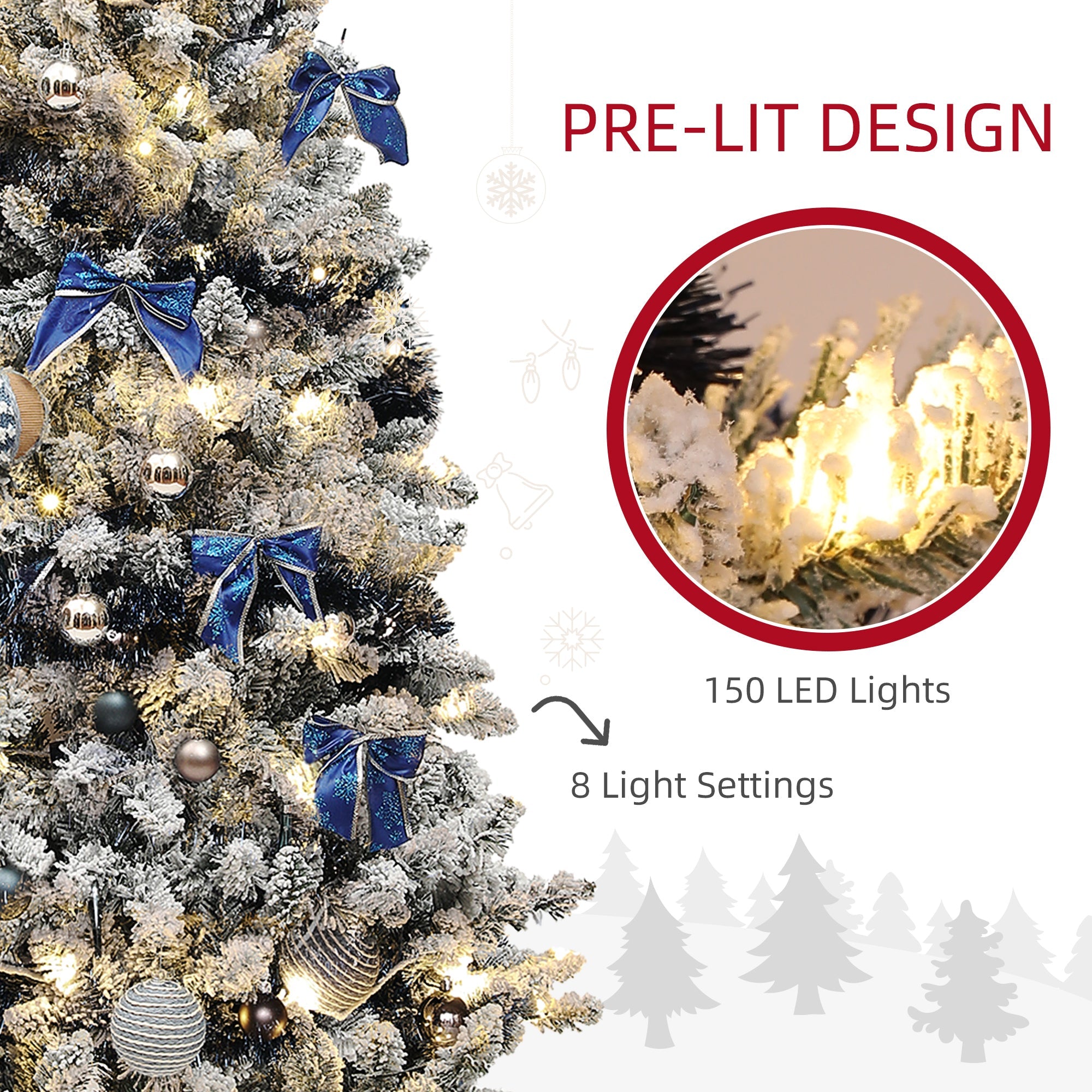 HOMCOM 6ft Prelit Artificial Christmas Tree with Blue Ornaments, Flocked Christmas Tree with LED Lights for Home Office 