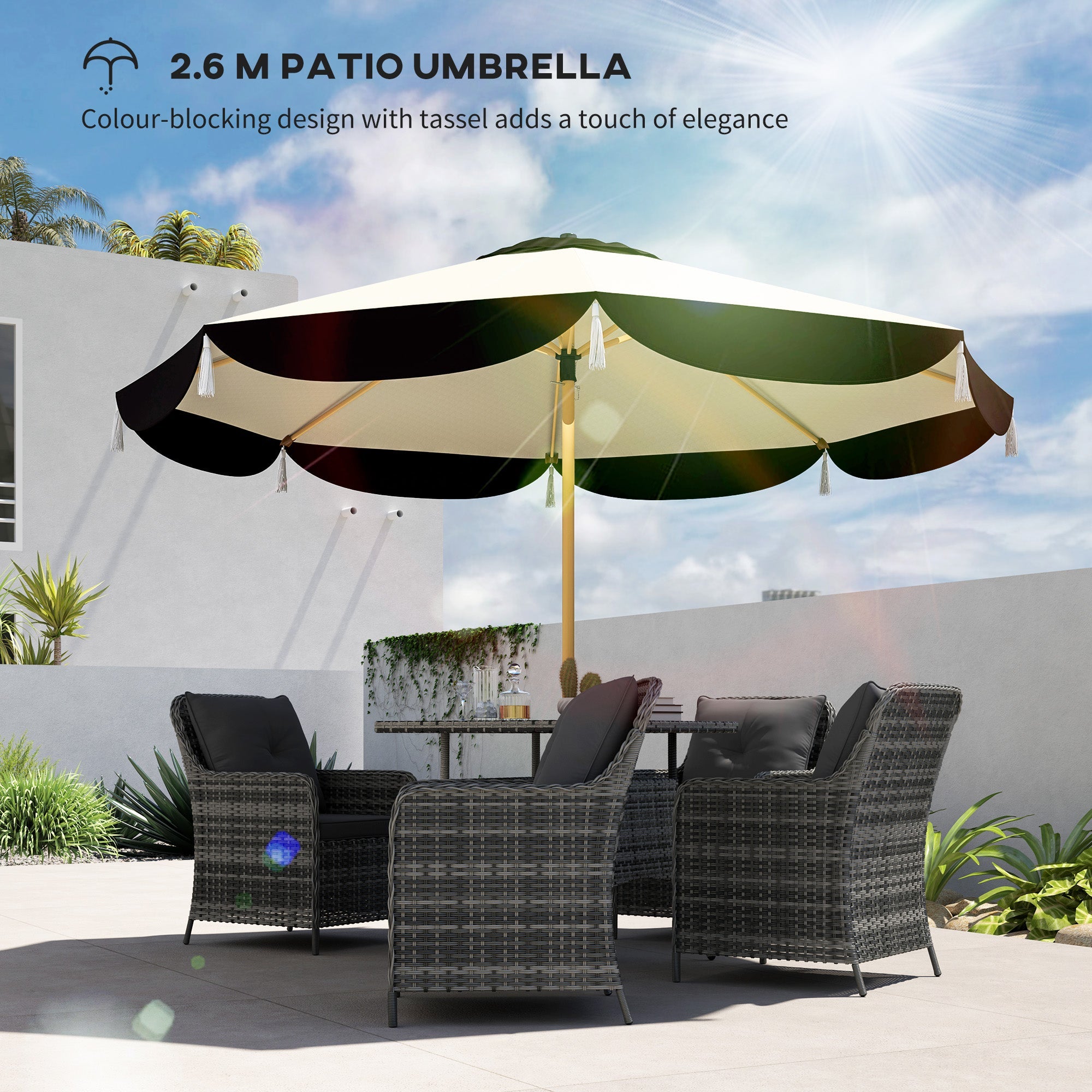 Outsunny 9FT Patio Umbrella Parasol, UPF 50+ Outdoor Market Umbrella with 8 Ribs, Vented Patio Table Umbrella for Deck, Backyard and Lawn, Beige 