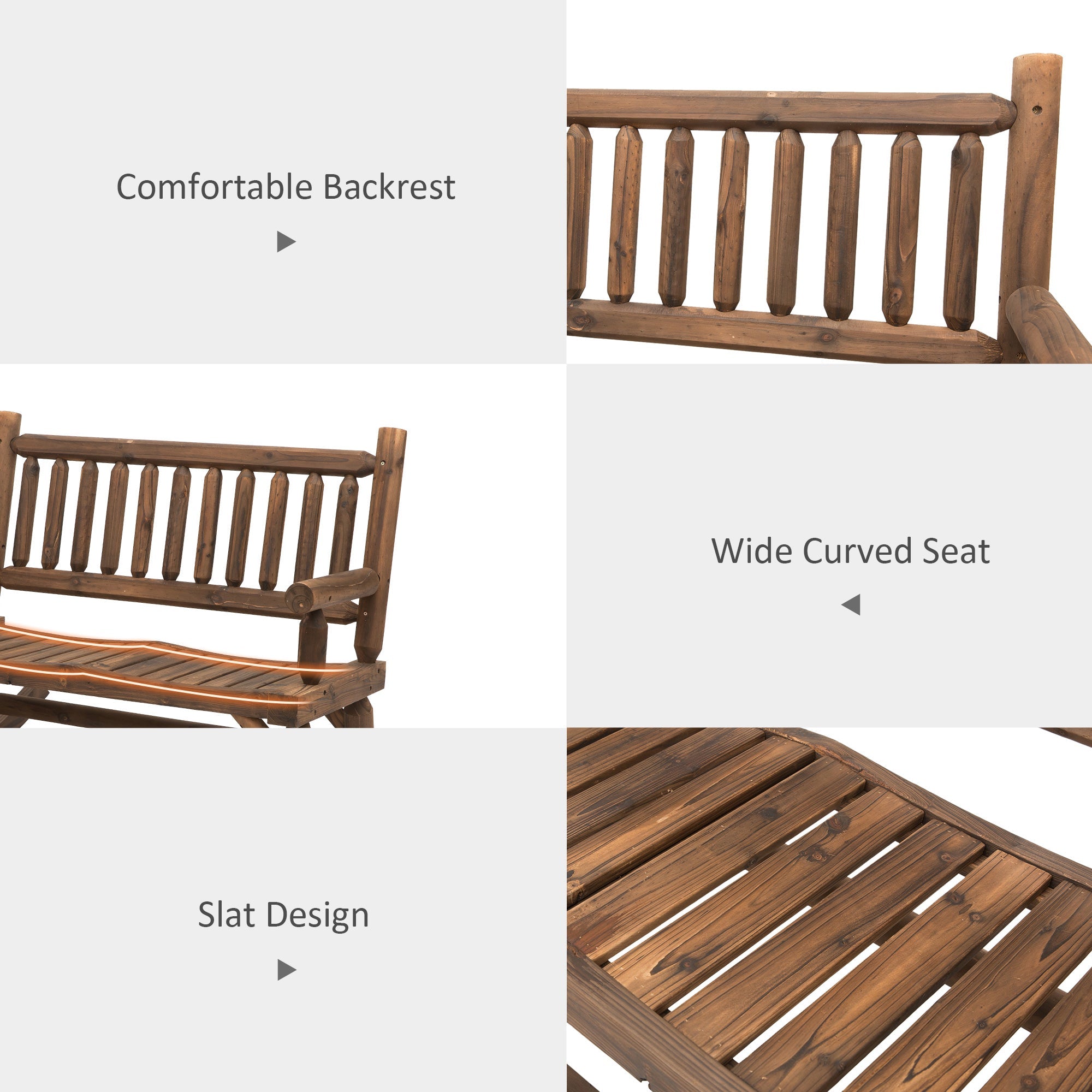 Outsunny Rustic Serenity: Outdoor Rocking Bench, 2-Person Wood Patio Rocker with Slat Back and Seat, Carbonized Finish 