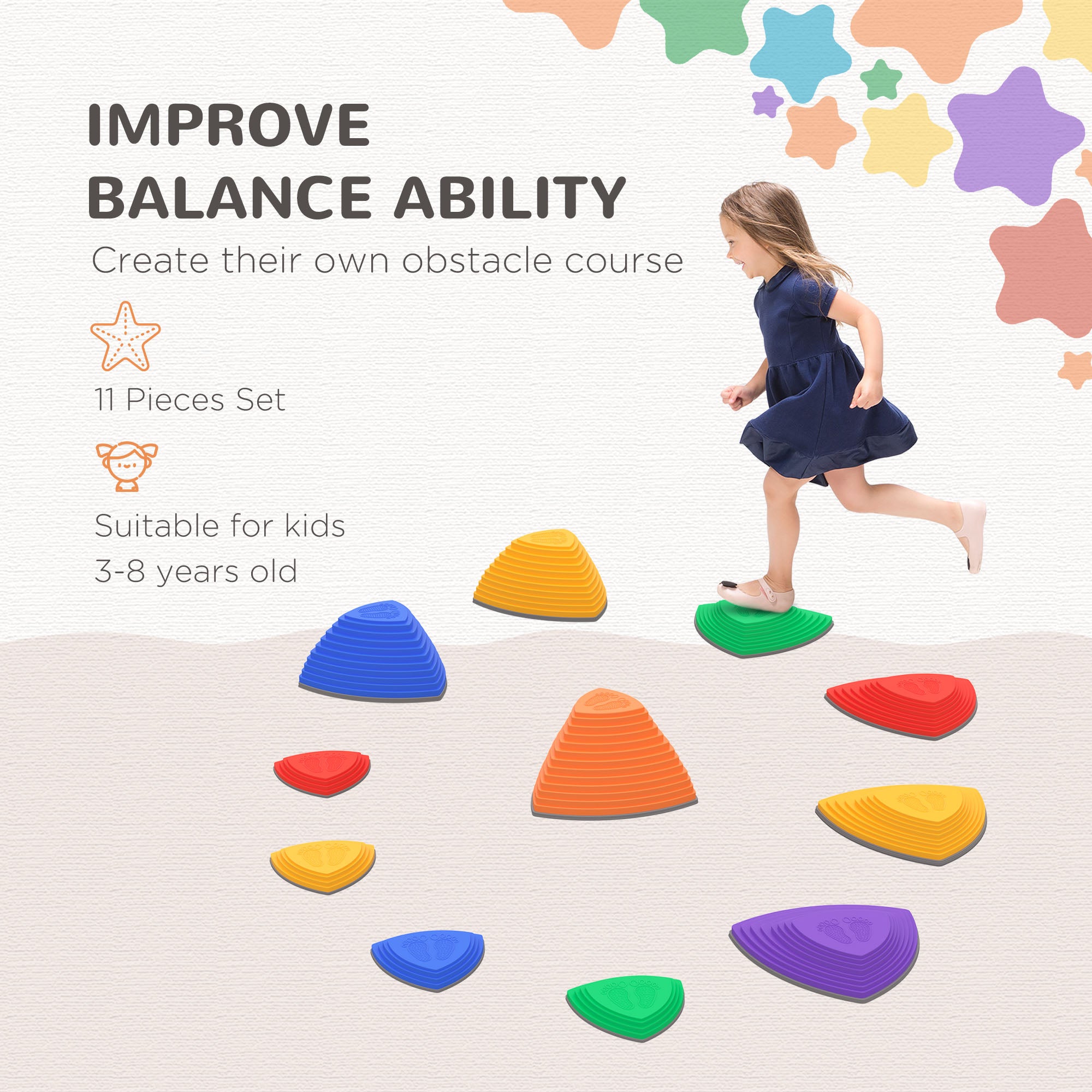 Outsunny Kids Balance River Stones Obstacle Course Sensory Play Stones Outdoor Indoor Play for Ages 3-8 