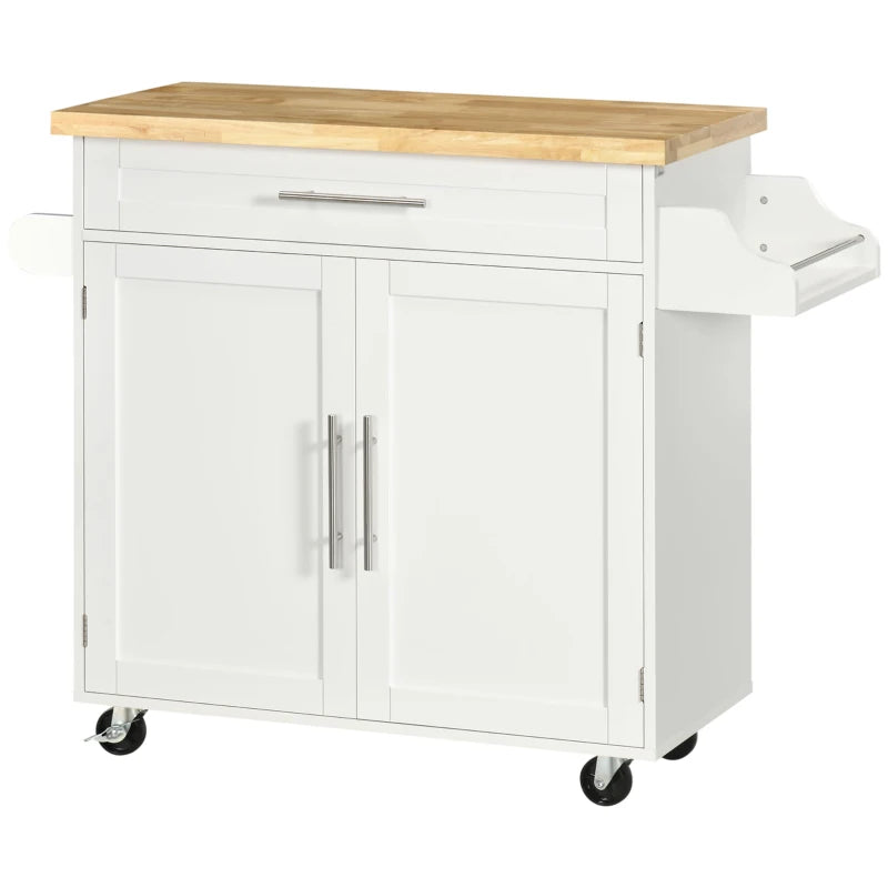 Kitchen Island with Storage, Rolling Cart Trolley with Rubberwood Top, Adjustable Shelf, Drawer, Spice Rack, White