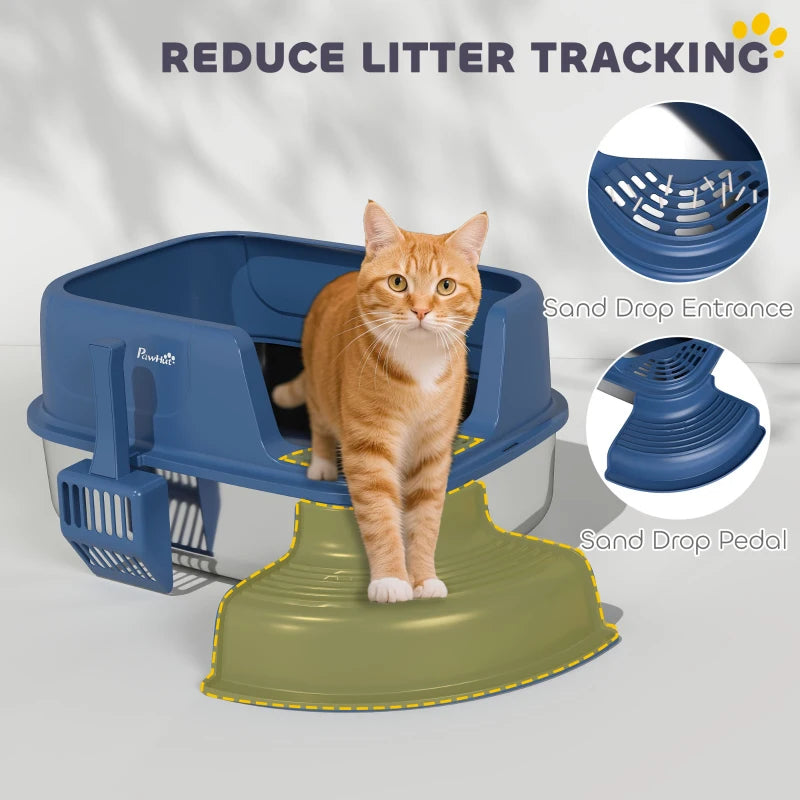 Stainless Steel Cat Litter Box, Cat Litter Box with High Side and Scoop, Anti-Leakage, Easy to Clean, Navy Blue