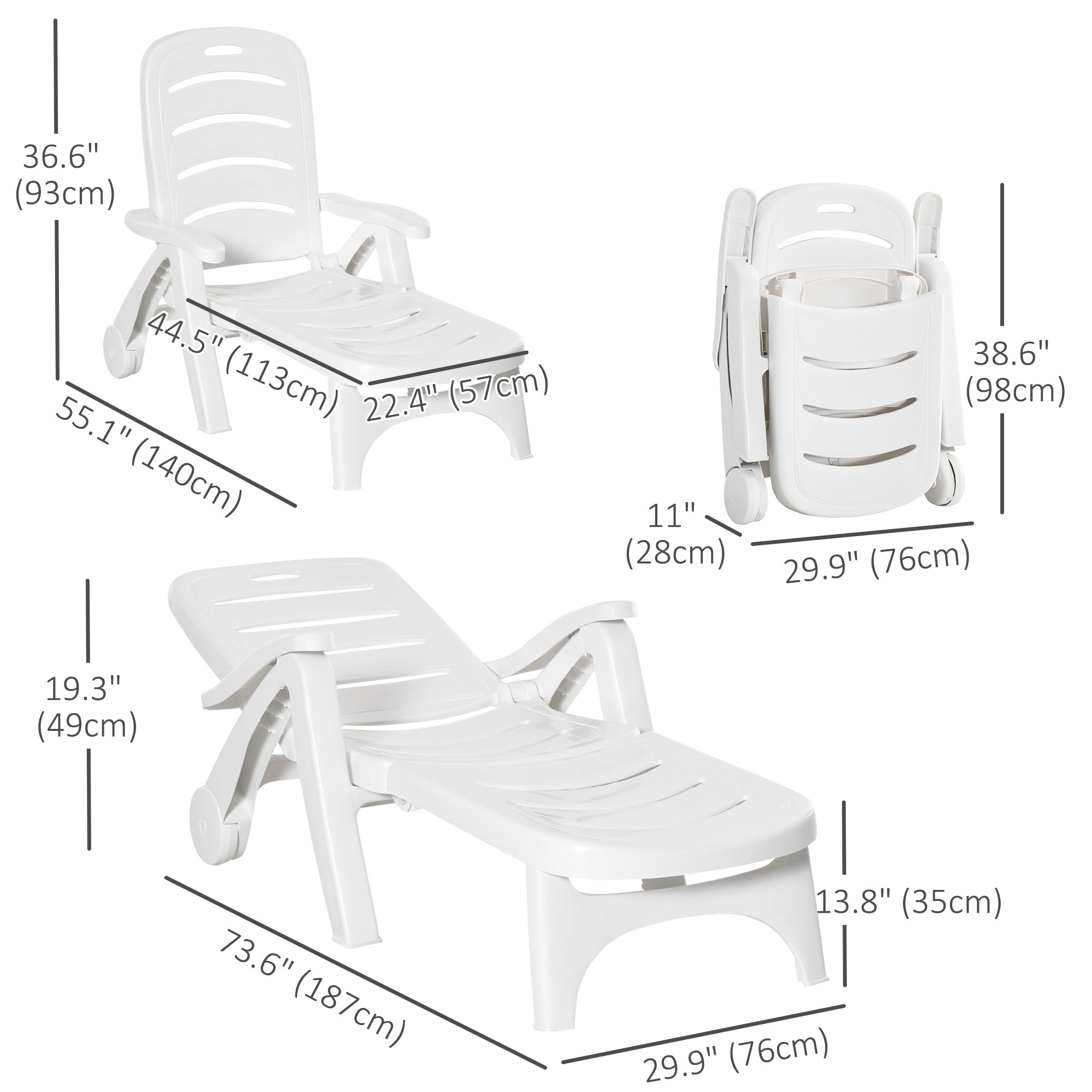 Outsunny Outdoor Folding Chaise Lounge Chair with Wheels, 5 Level Adjustable Backrest for Pool, Beach, Patio, Garden, White 