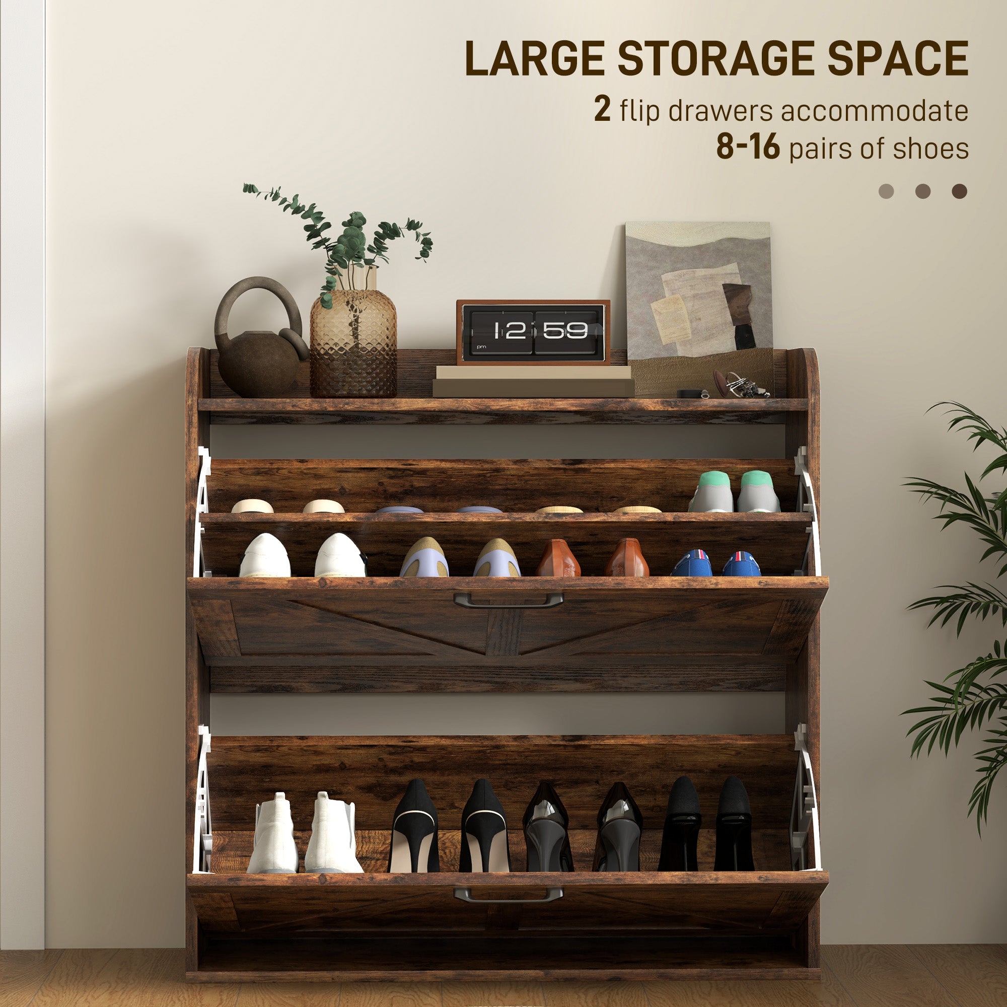 HOMCOM Narrow Shoe Storage Cabinet, Farmhouse Slim Shoe Cabinet with 2 Flip Drawers, Adjustable Shelves, Rustic Brown 